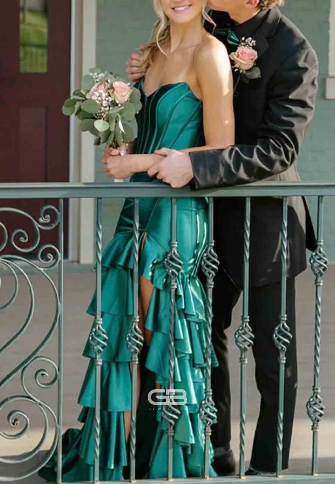 Strapless Royal Blue Satin Crisscross Back Tiered Long Dress with Slit 