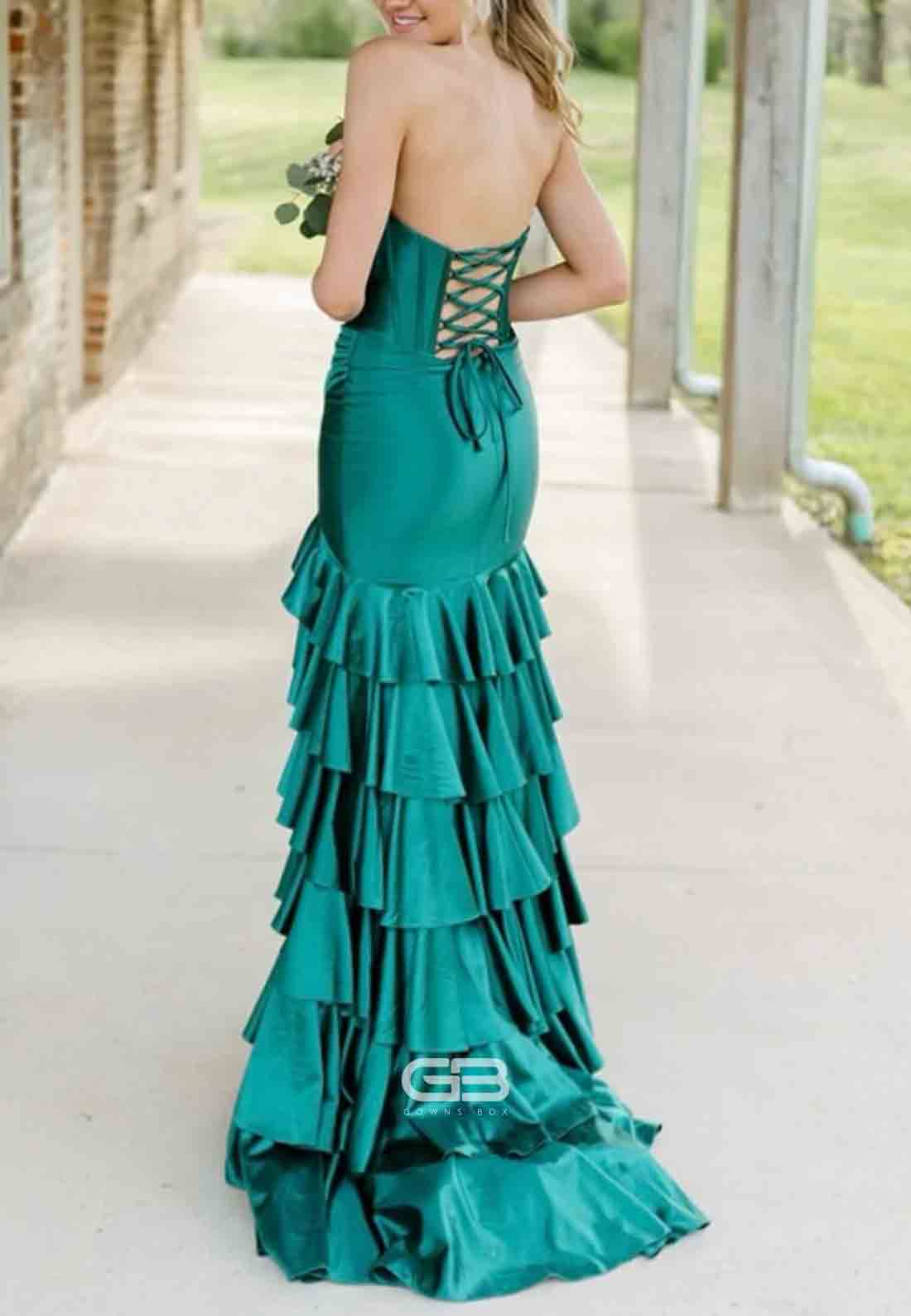 Strapless Royal Blue Satin Crisscross Back Tiered Long Dress with Slit 