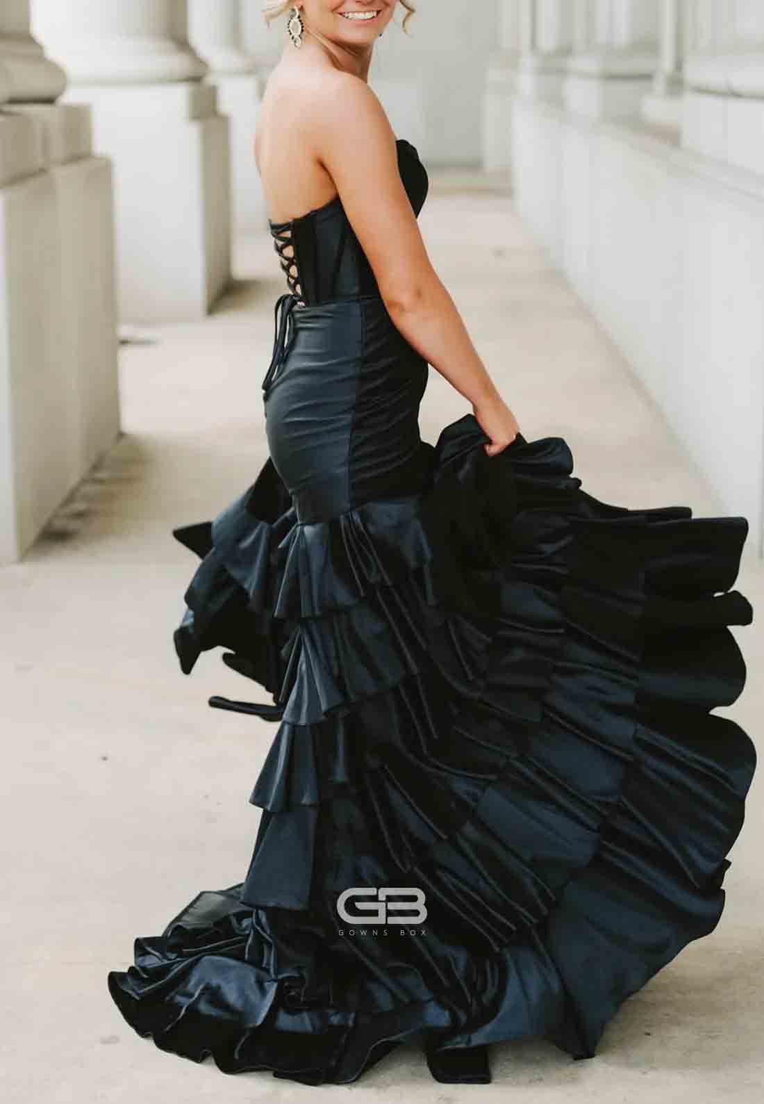 Strapless Royal Blue Satin Crisscross Back Tiered Long Dress with Slit 