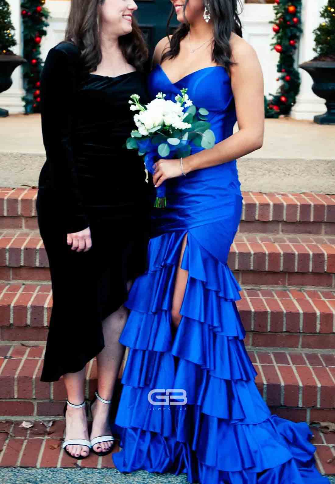 Strapless Royal Blue Satin Crisscross Back Tiered Long Dress with Slit 