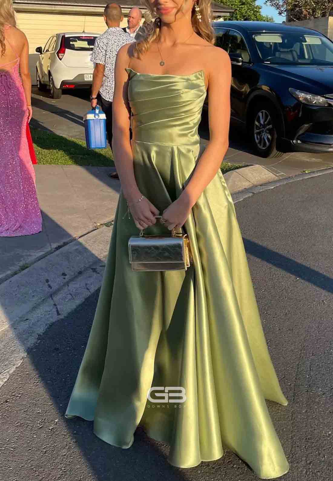 Strapless Sage Green Satin Floor-Length A-line Satin Long Prom Dress