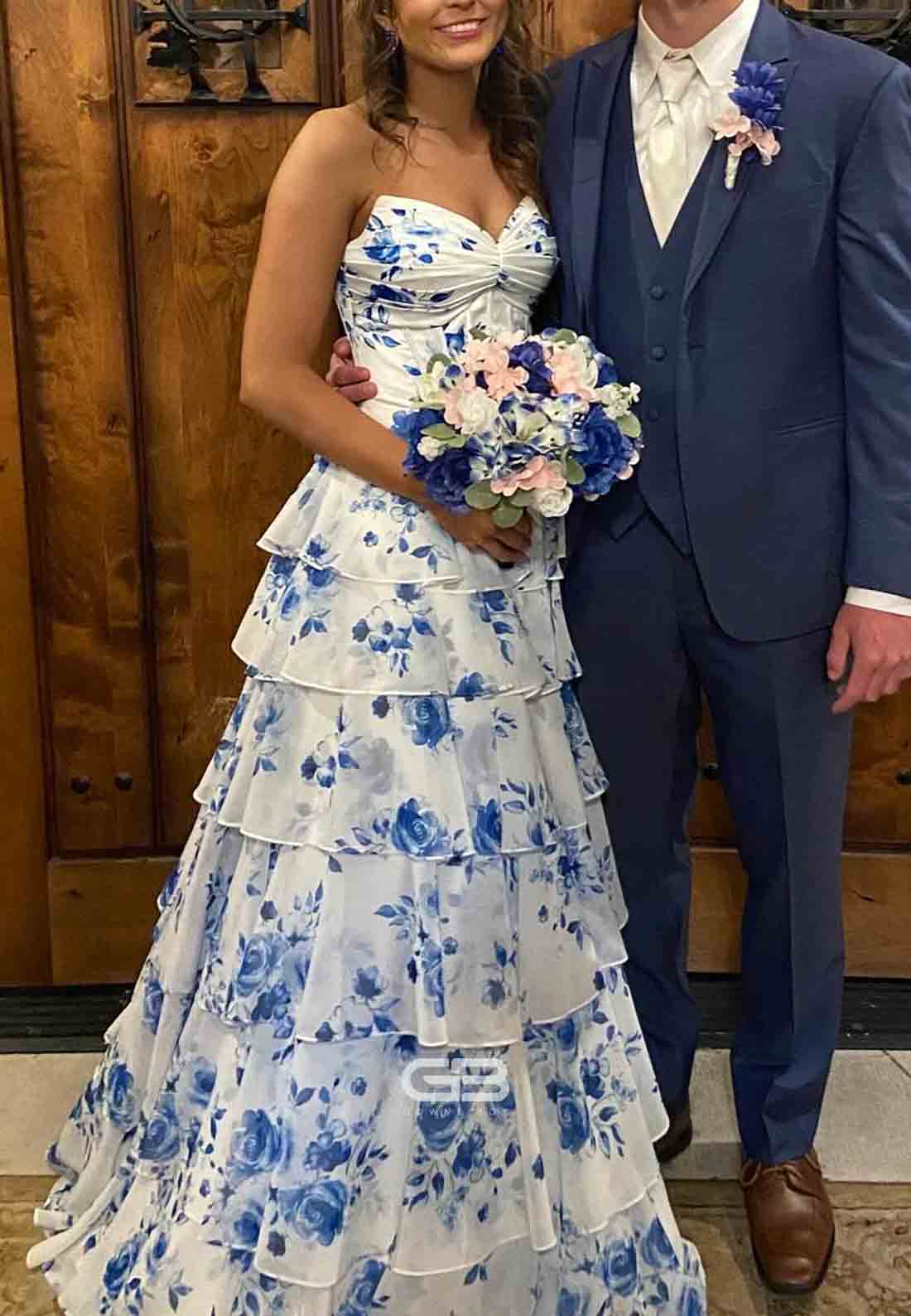 Strapless White Floral Print Tiered Long Dress 