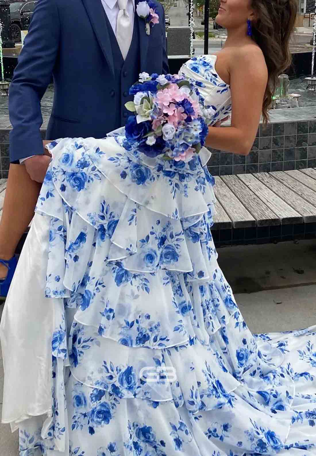 Strapless White Floral Print Tiered Long Dress 