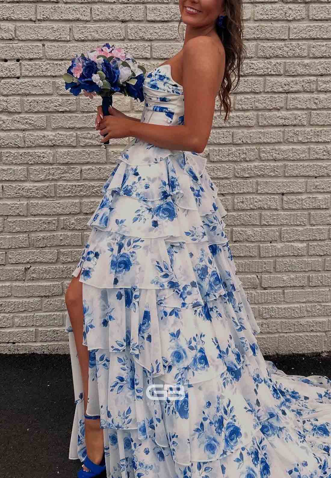 Strapless White Floral Print Tiered Long Dress 