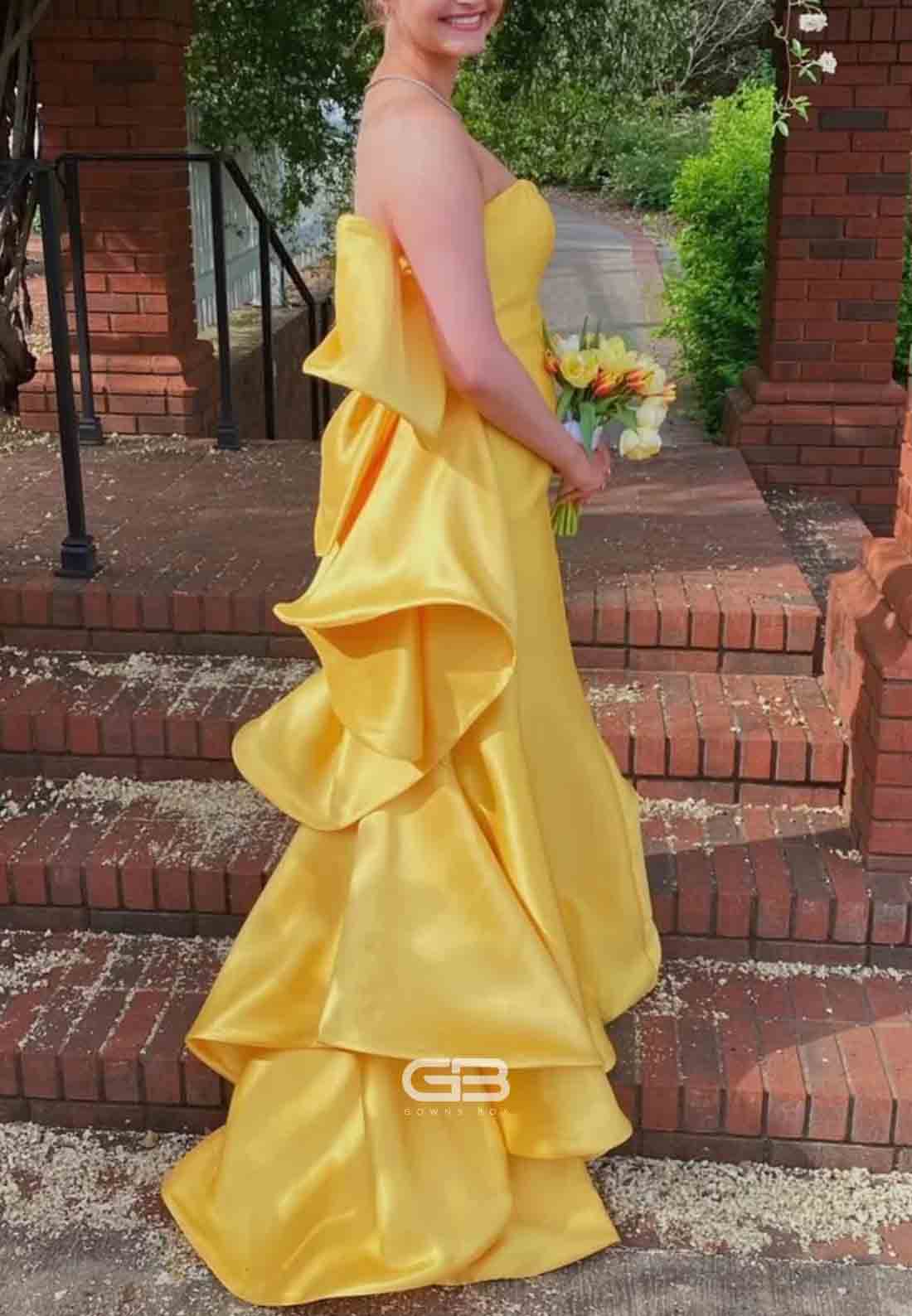 Strapless Satin Yellow Back Bowknot Mermaid Long Prom Dress 