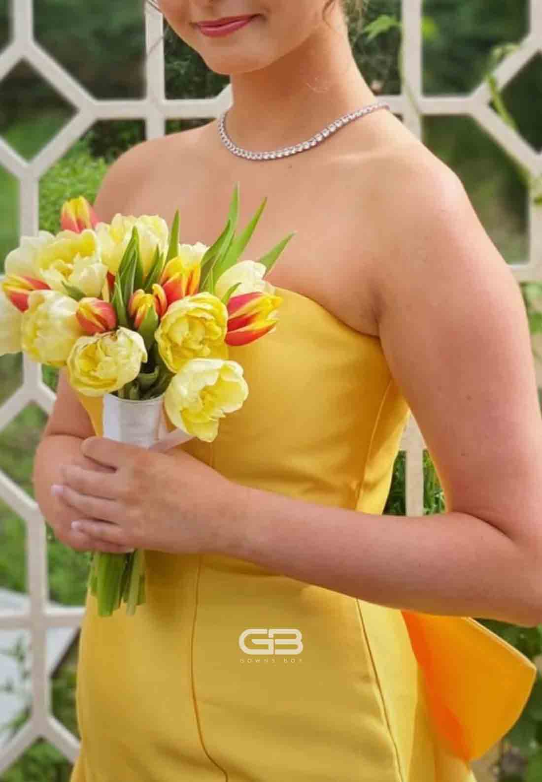 Strapless Satin Yellow Back Bowknot Mermaid Long Prom Dress 