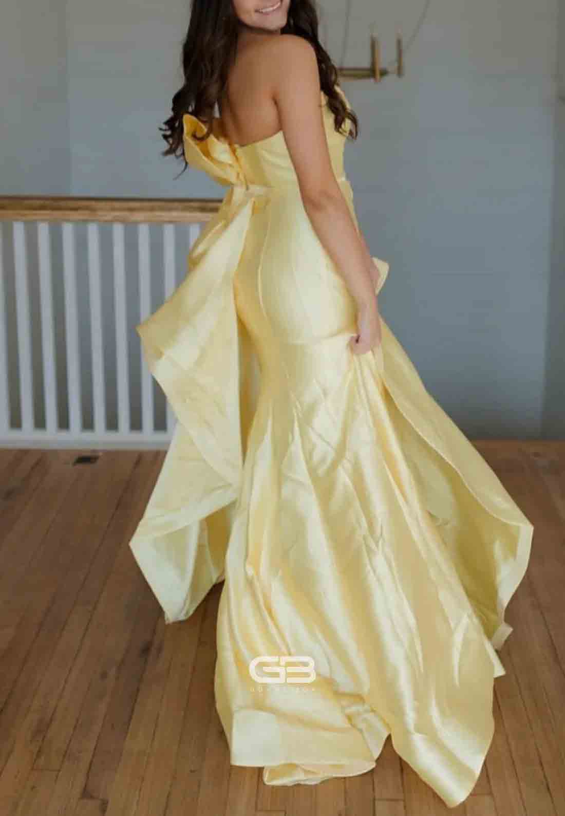 Strapless Satin Yellow Back Bowknot Mermaid Long Prom Dress 