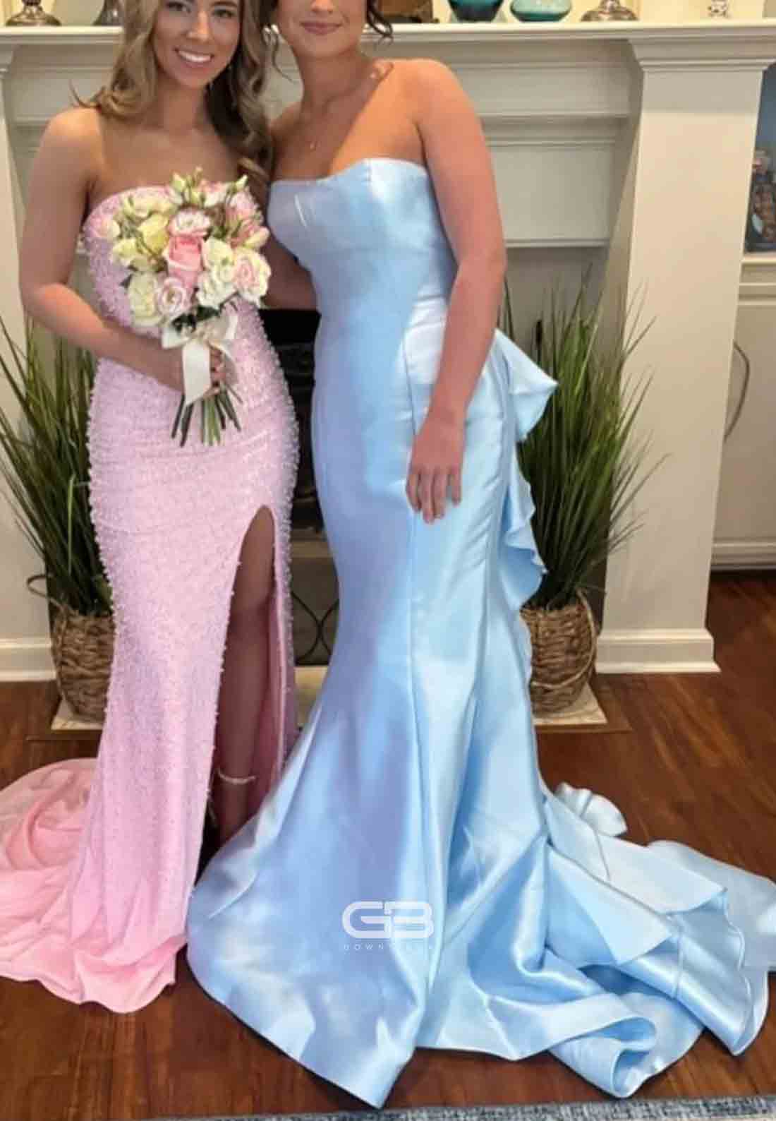 Strapless Satin Yellow Back Bowknot Mermaid Long Prom Dress 