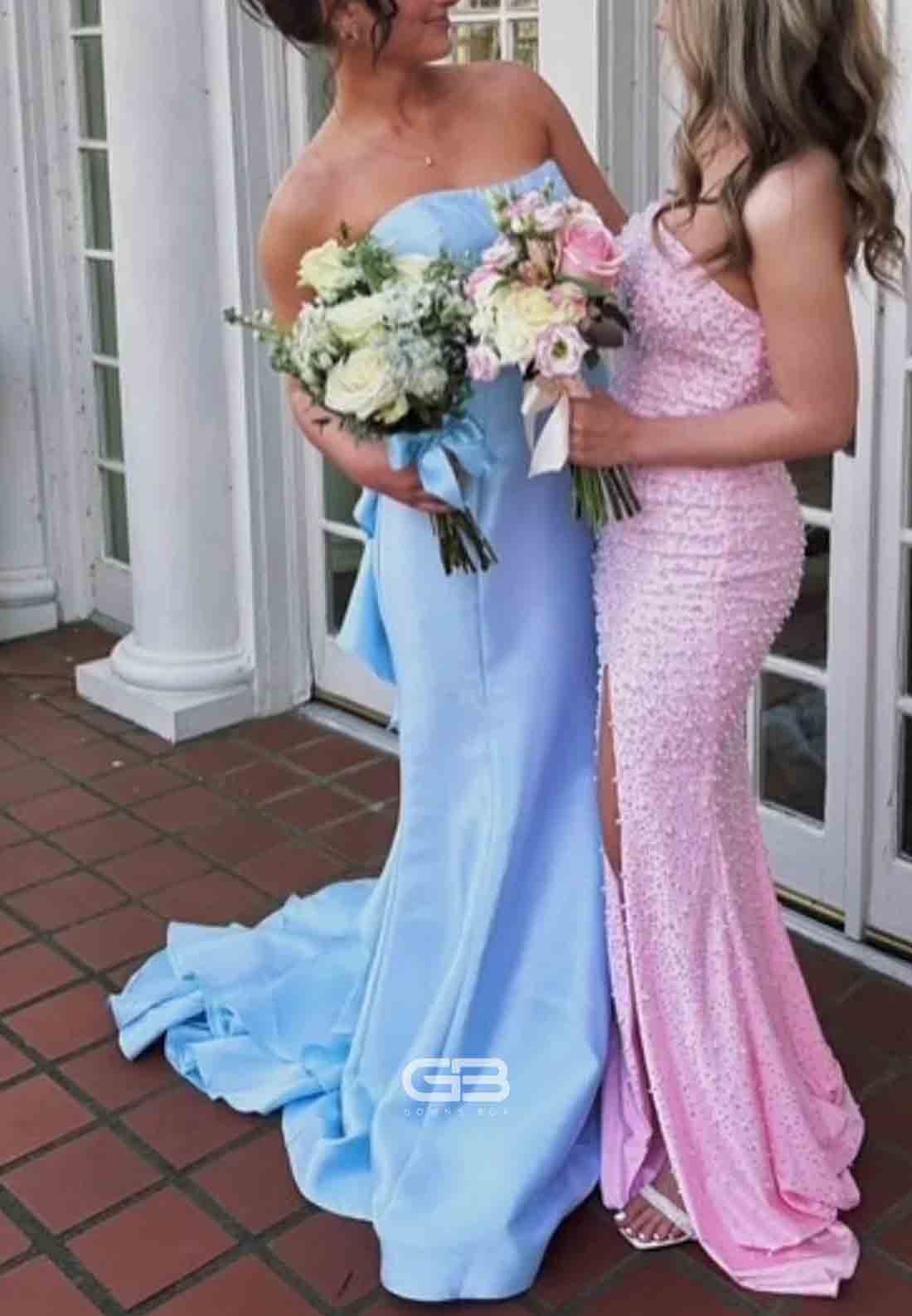 Strapless Satin Yellow Back Bowknot Mermaid Long Prom Dress 