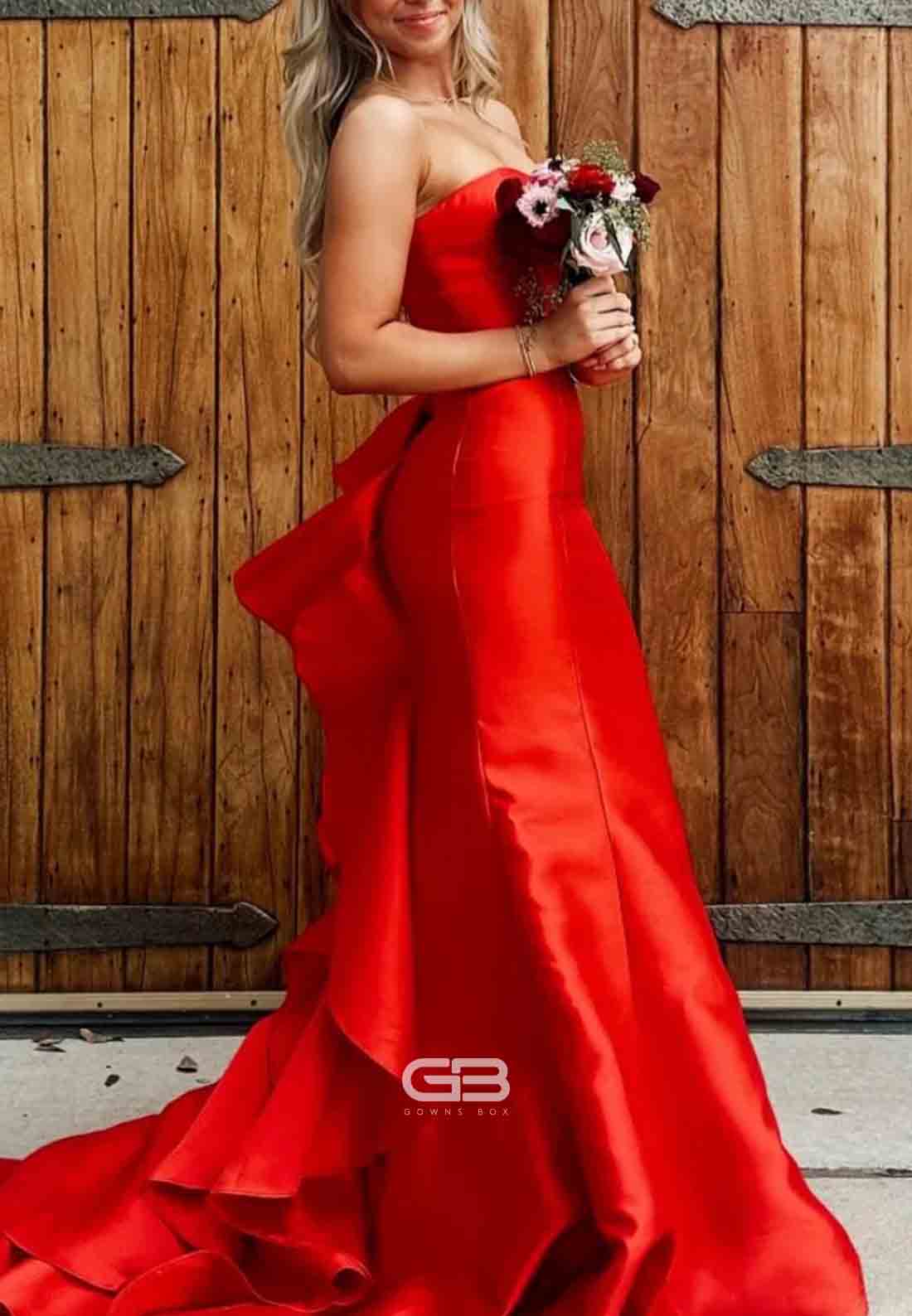 Strapless Satin Yellow Back Bowknot Mermaid Long Prom Dress 