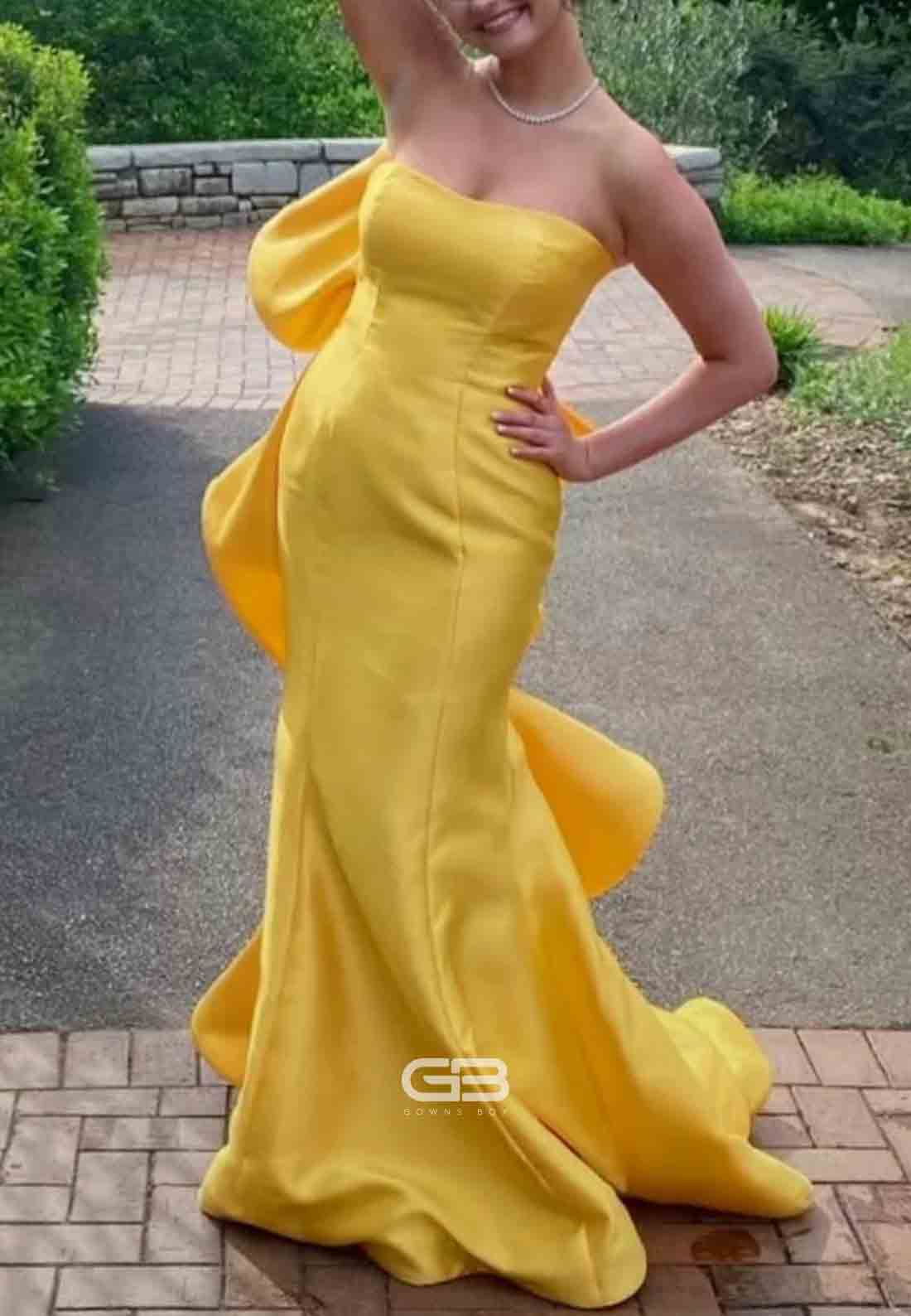 Strapless Satin Yellow Back Bowknot Mermaid Long Prom Dress 