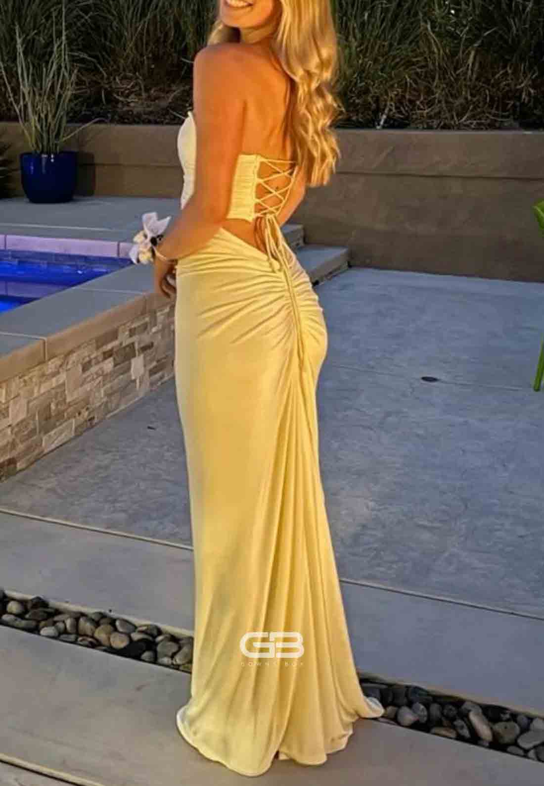 Strapless Yellow Lace-up Back Ruched Long Dress