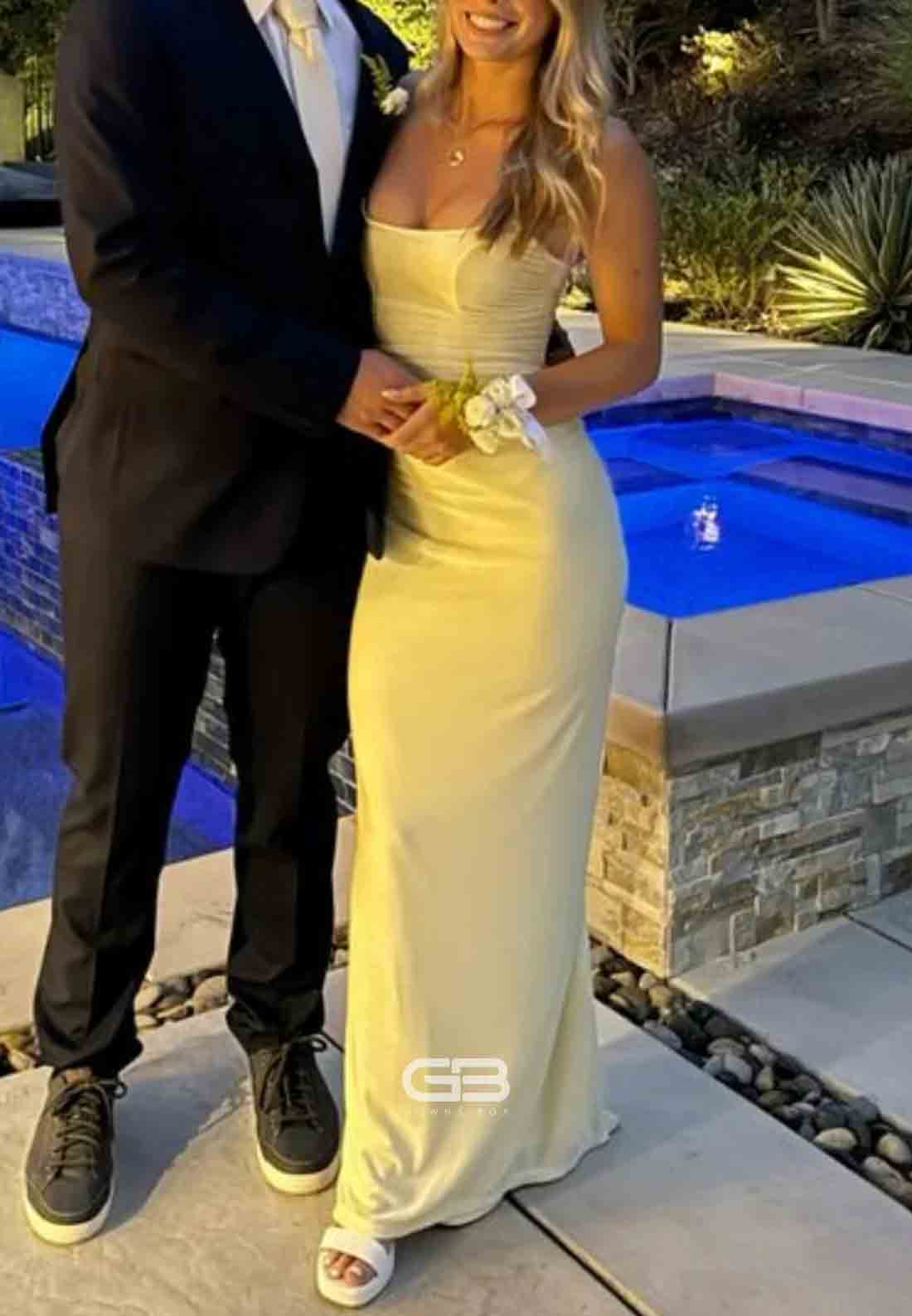 Strapless Yellow Lace-up Back Ruched Long Dress