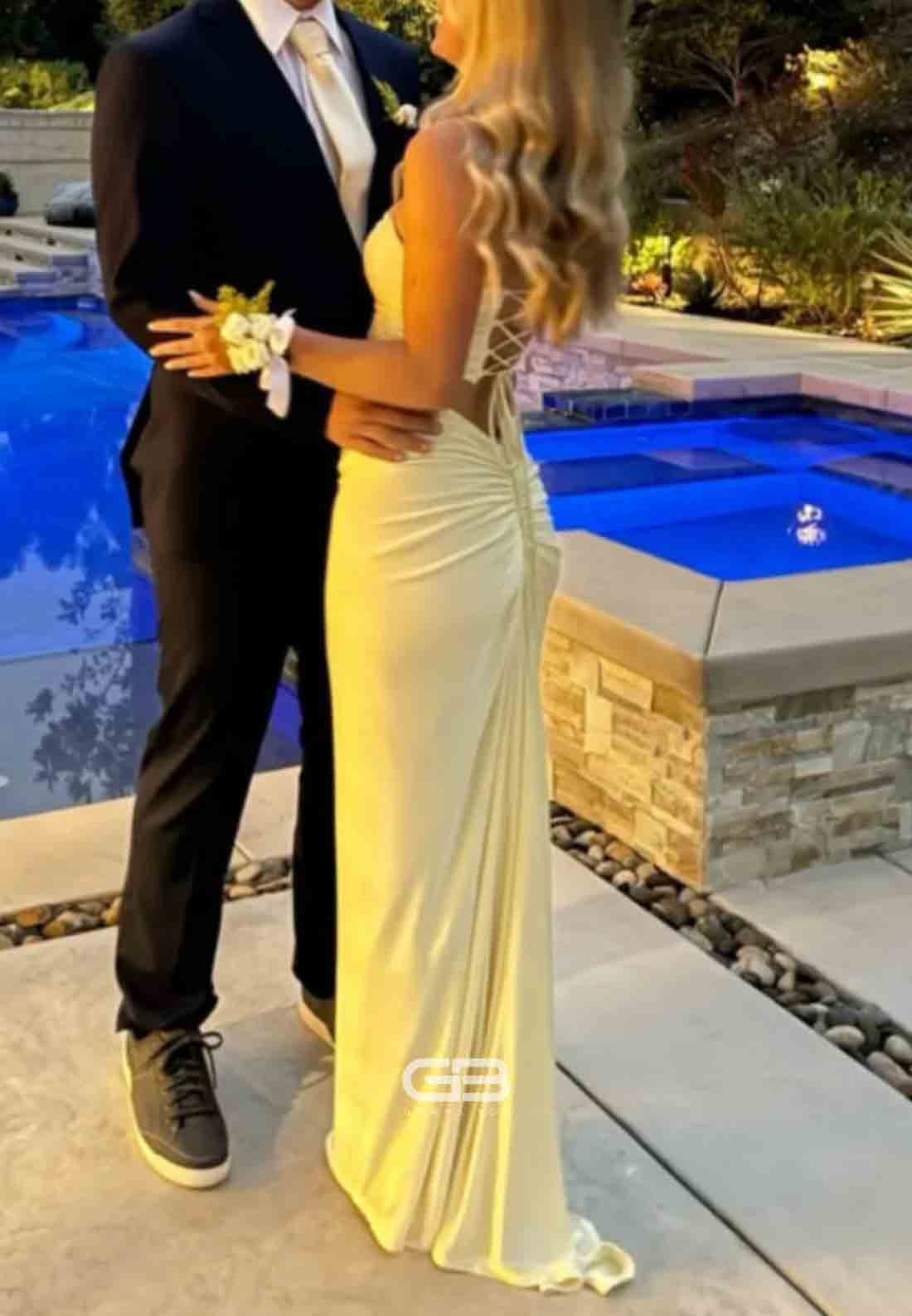 Strapless Yellow Lace-up Back Ruched Long Dress