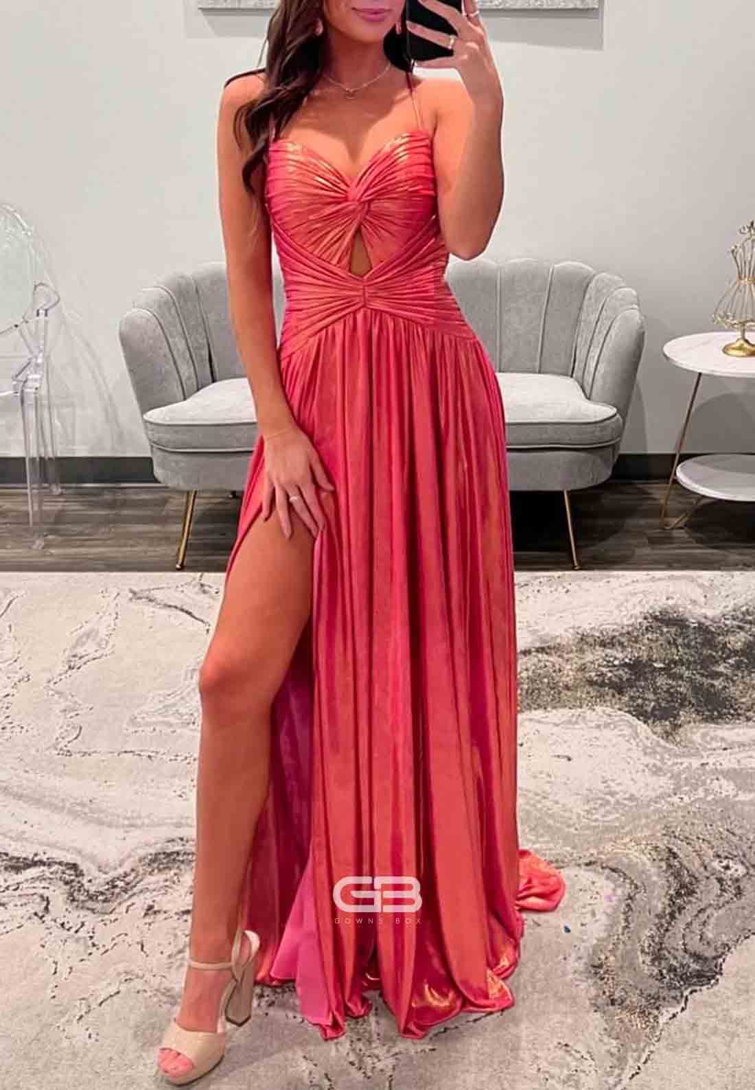 Spaghetti Straps Low Back Coral Twist Metallic Long Prom Dress with Slit 
