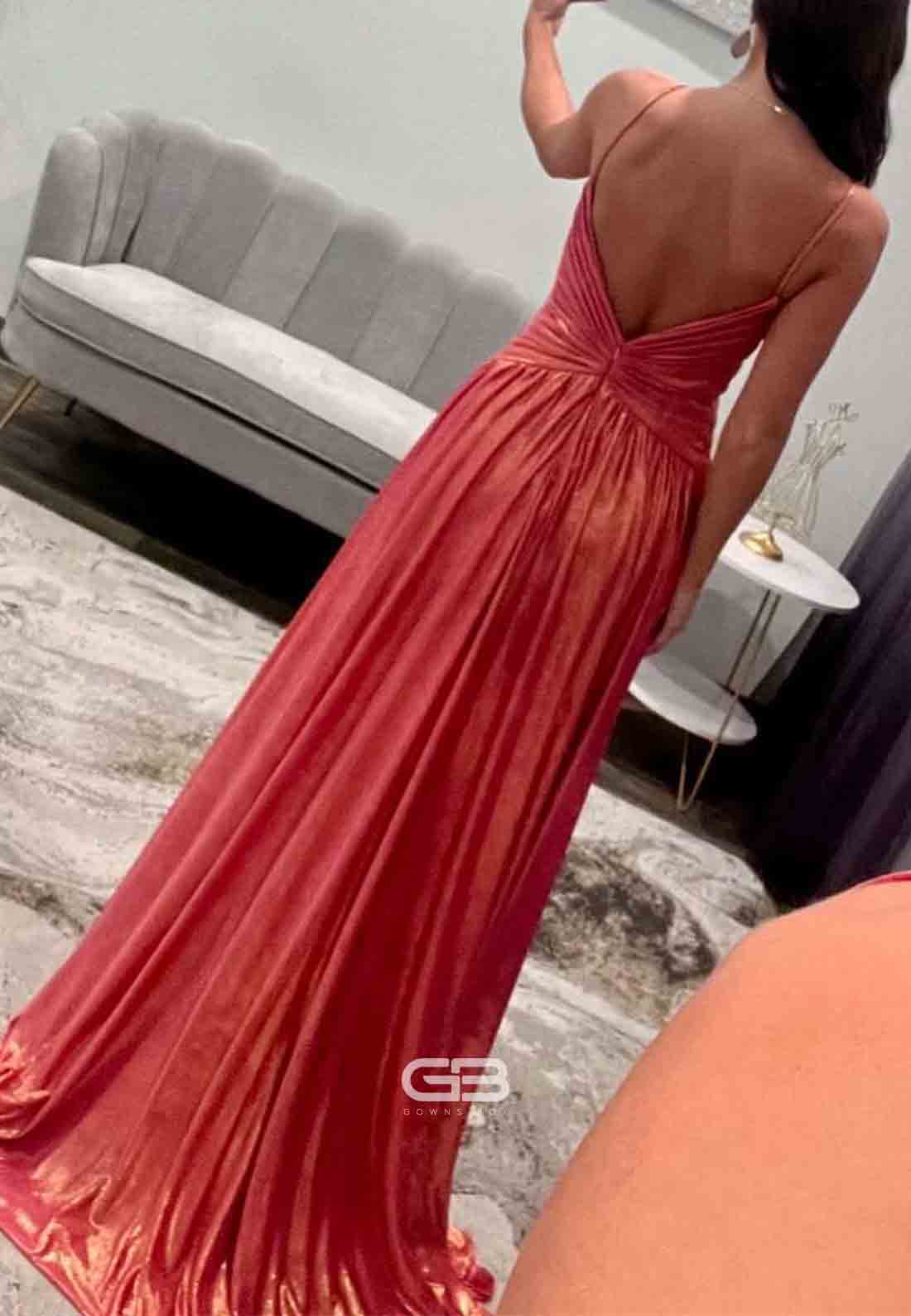 Spaghetti Straps Low Back Coral Twist Metallic Long Prom Dress with Slit 
