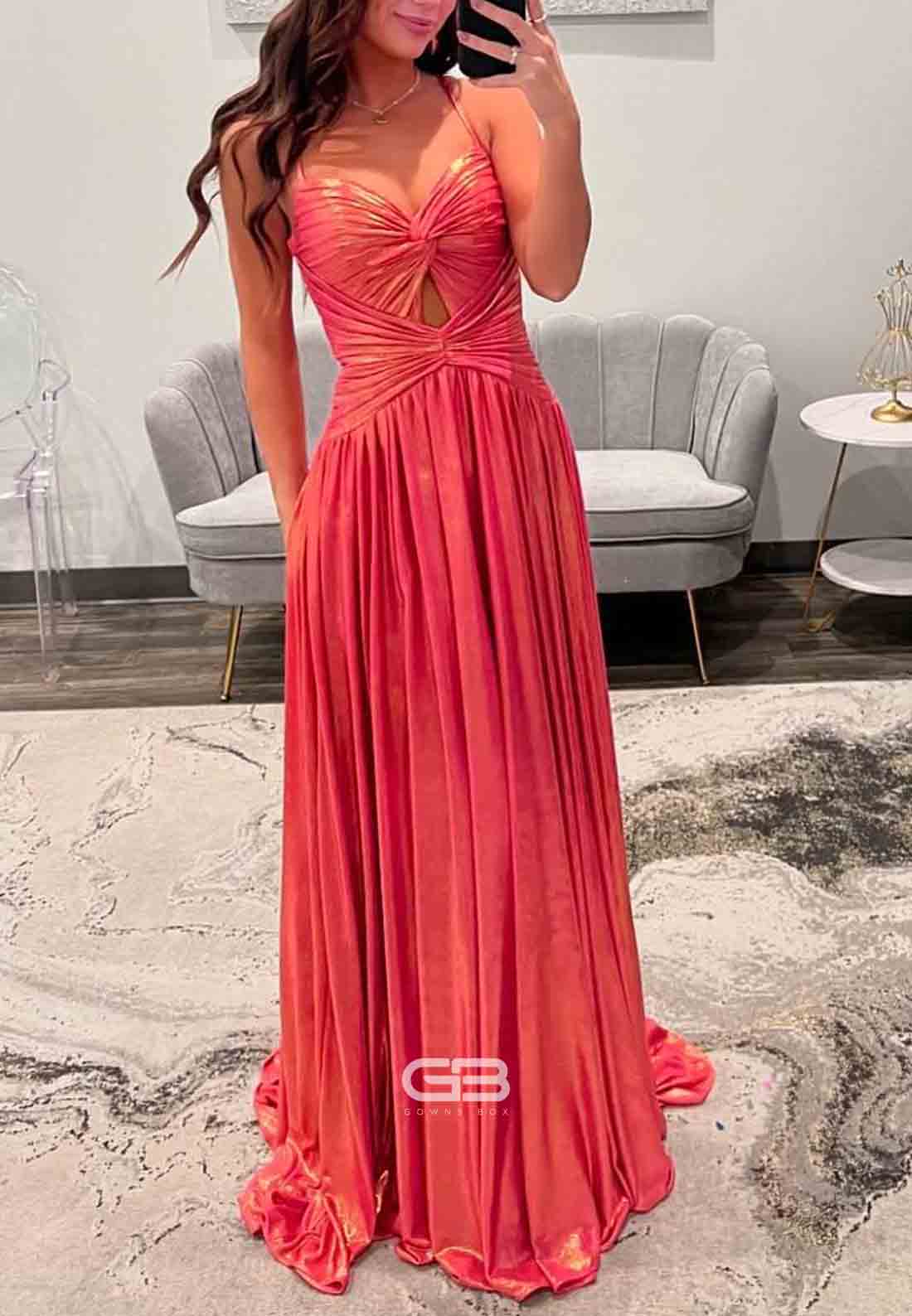 Spaghetti Straps Low Back Coral Twist Metallic Long Prom Dress with Slit 