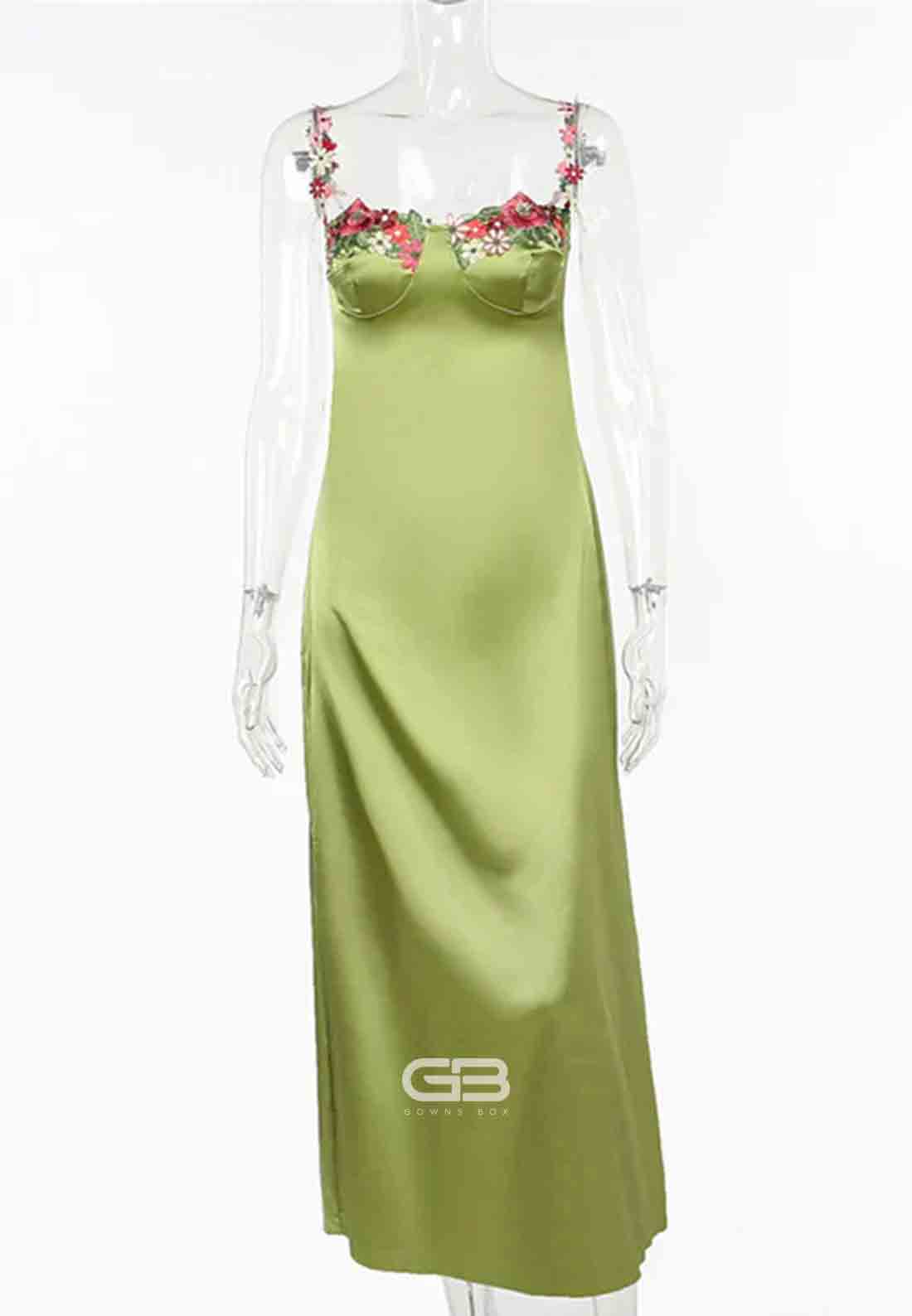 Straps Green Floral Appliques Satin Maxi Dress