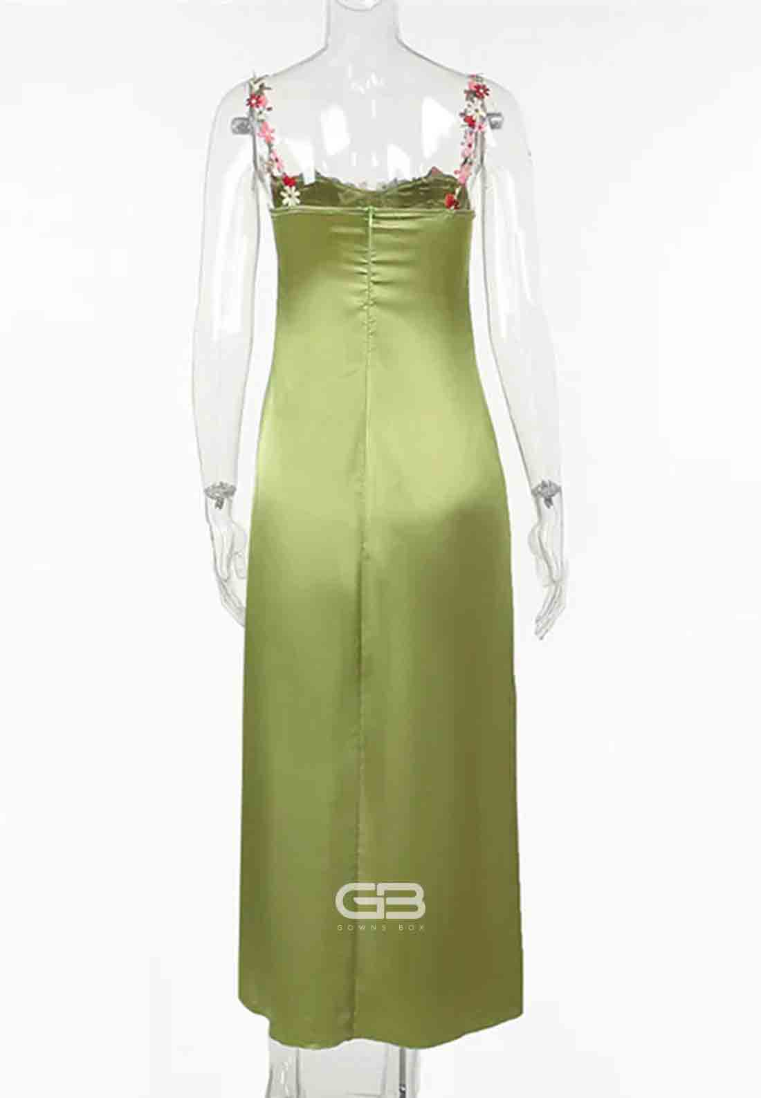 Straps Green Floral Appliques Satin Maxi Dress
