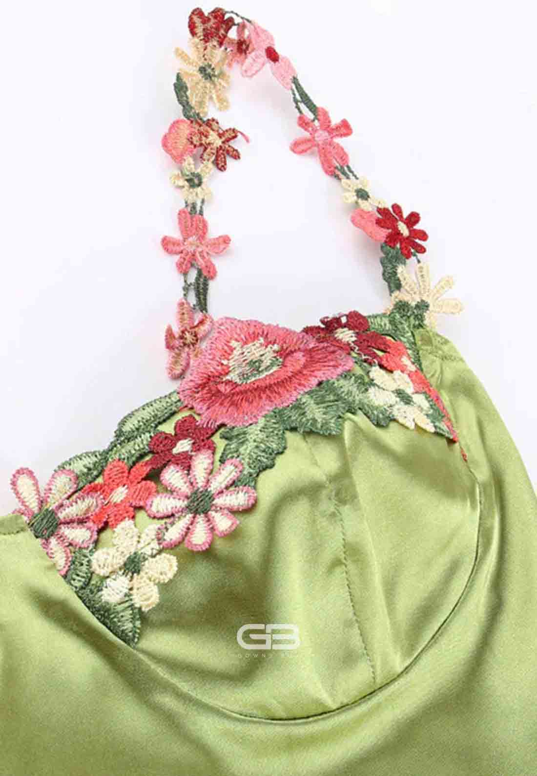 Straps Green Floral Appliques Satin Maxi Dress