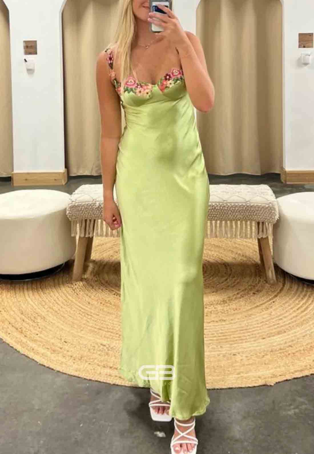 Straps Green Floral Appliques Satin Maxi Dress