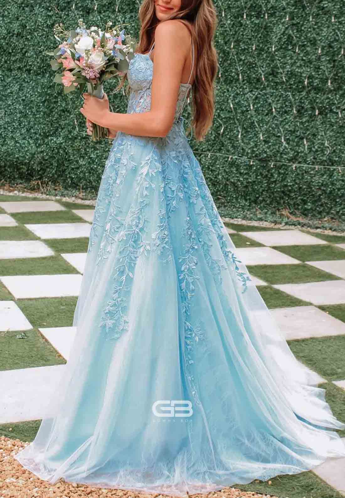 Spaghetti Straps Light Blue Tulle Appliques A-line Long Prom Dress