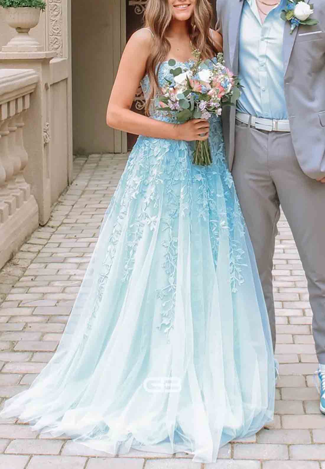 Spaghetti Straps Light Blue Tulle Appliques A-line Long Prom Dress