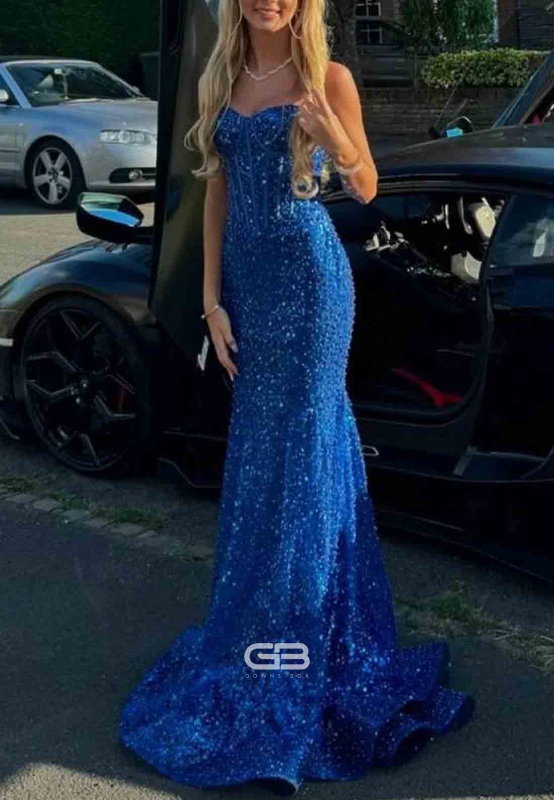 Spaghetti Straps Light Blue Sequin Long Prom Dress with Beaded