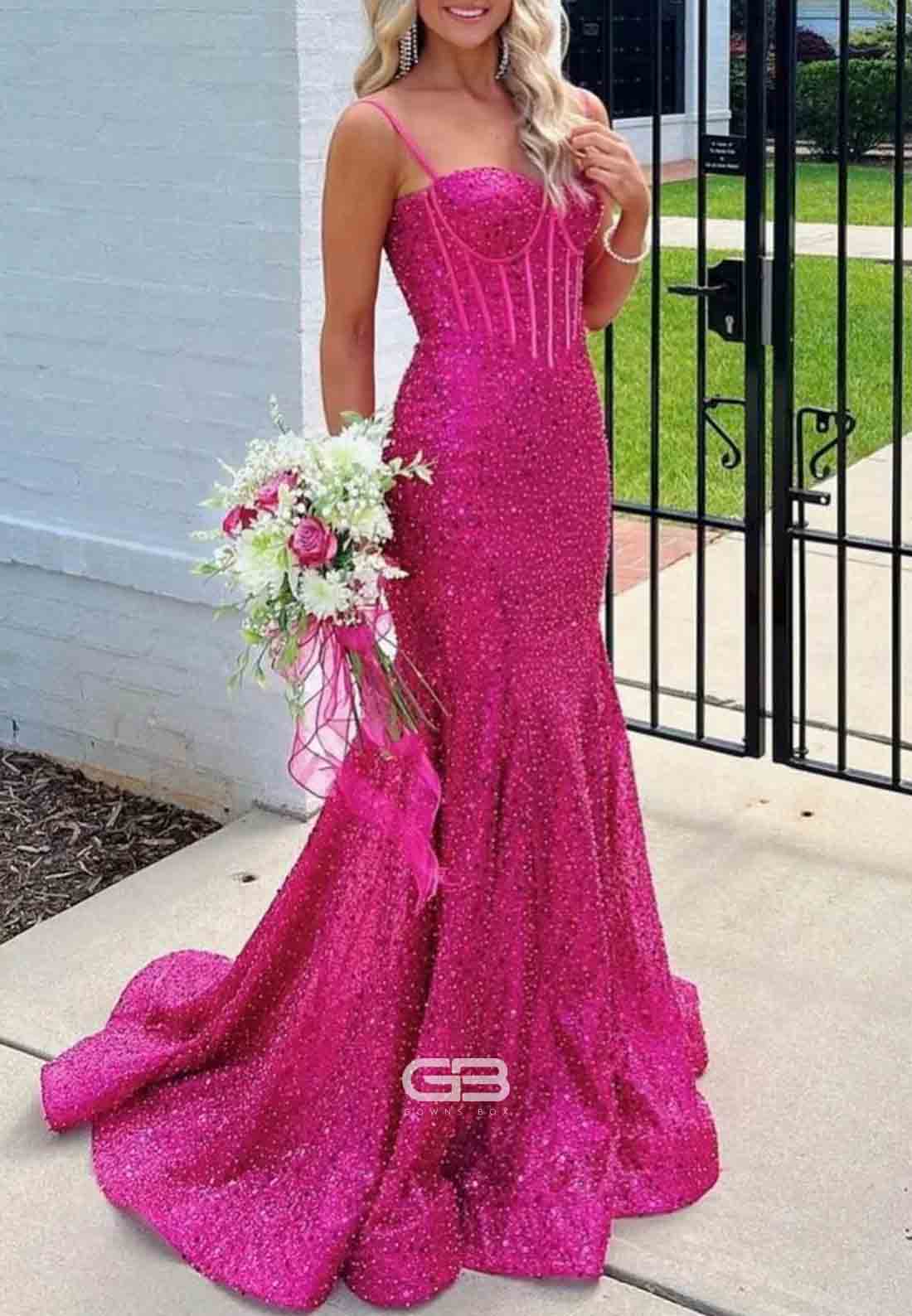 Spaghetti Straps Light Blue Sequin Long Prom Dress with Beaded