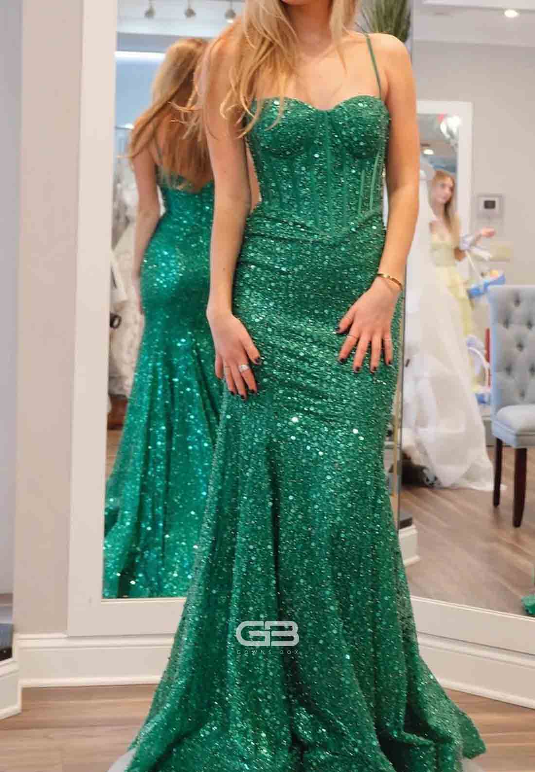 Spaghetti Straps Light Blue Sequin Long Prom Dress with Beaded