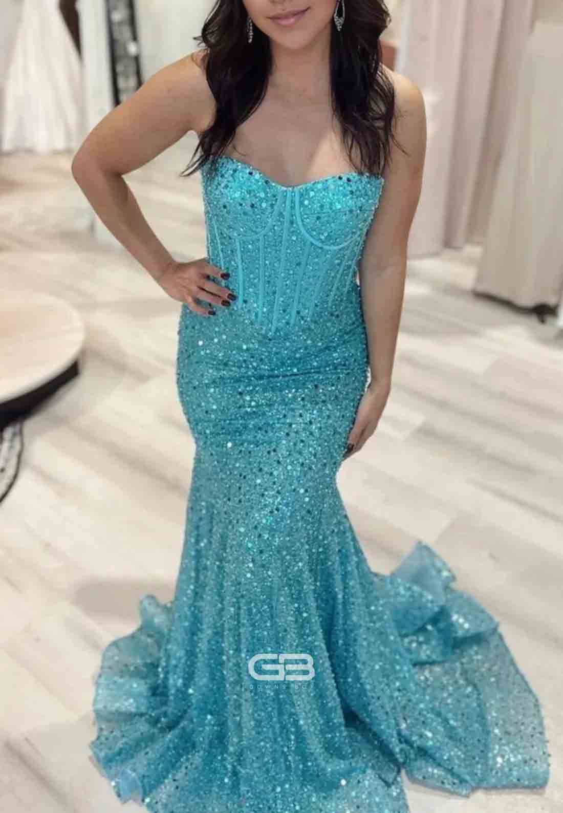 Spaghetti Straps Light Blue Sequin Long Prom Dress with Beaded