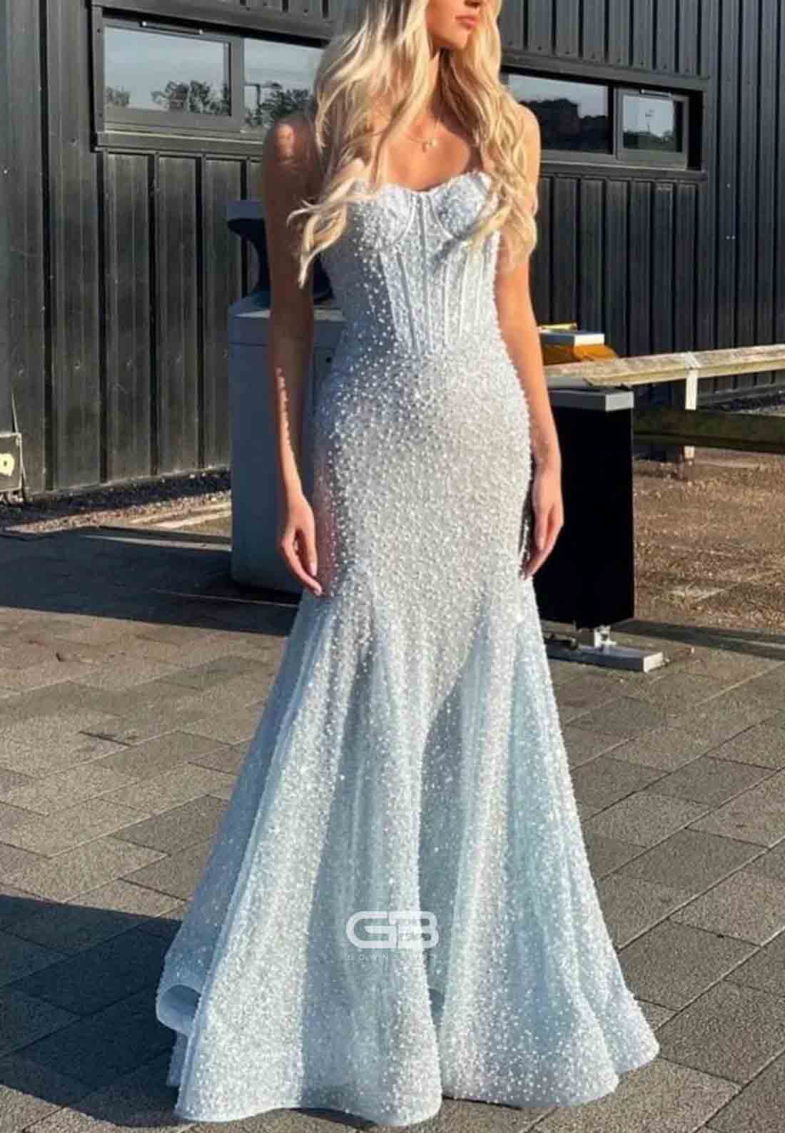 Spaghetti Straps Light Blue Sequin Long Prom Dress with Beaded