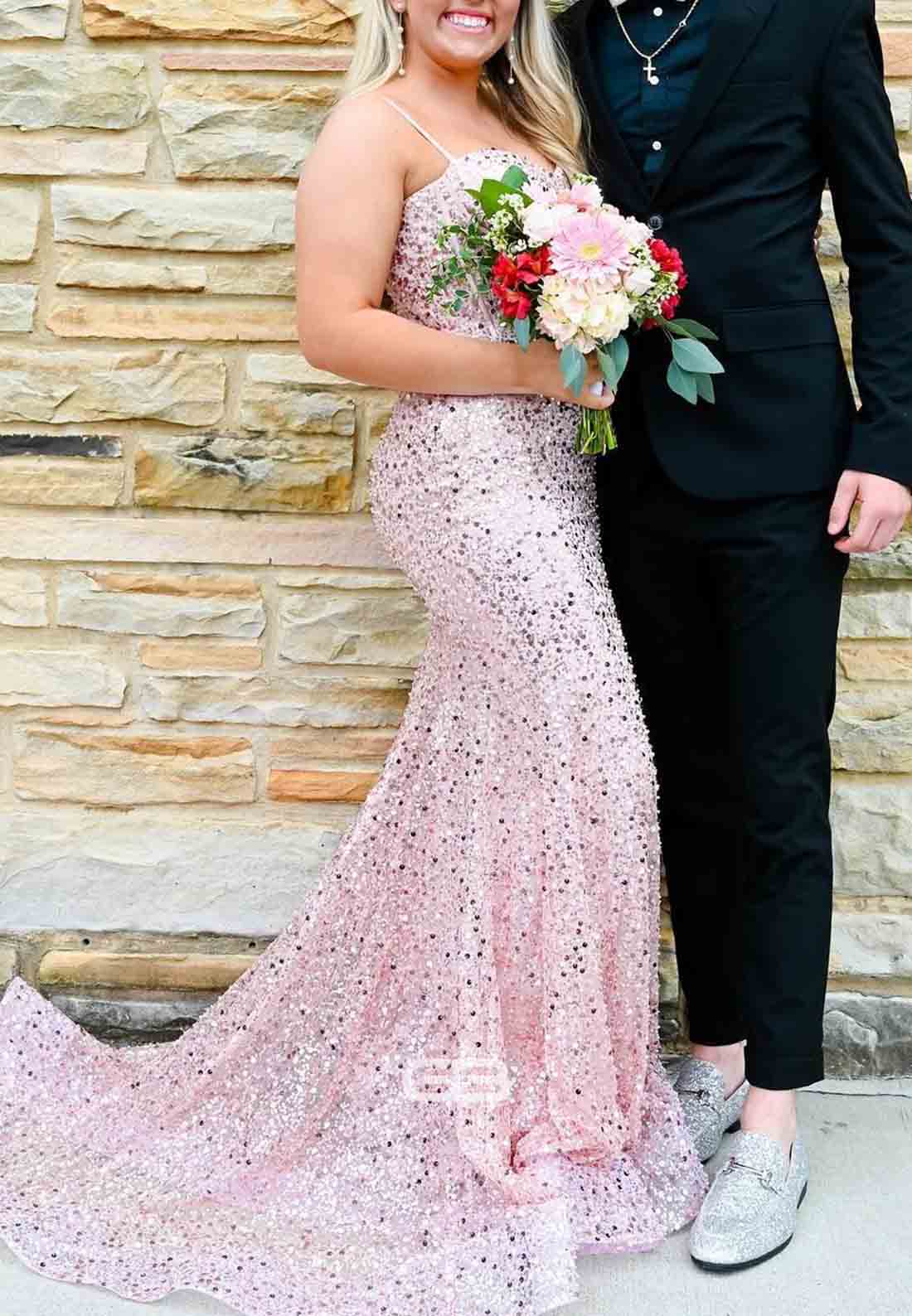 Spaghetti Straps Light Blue Sequin Long Prom Dress with Beaded