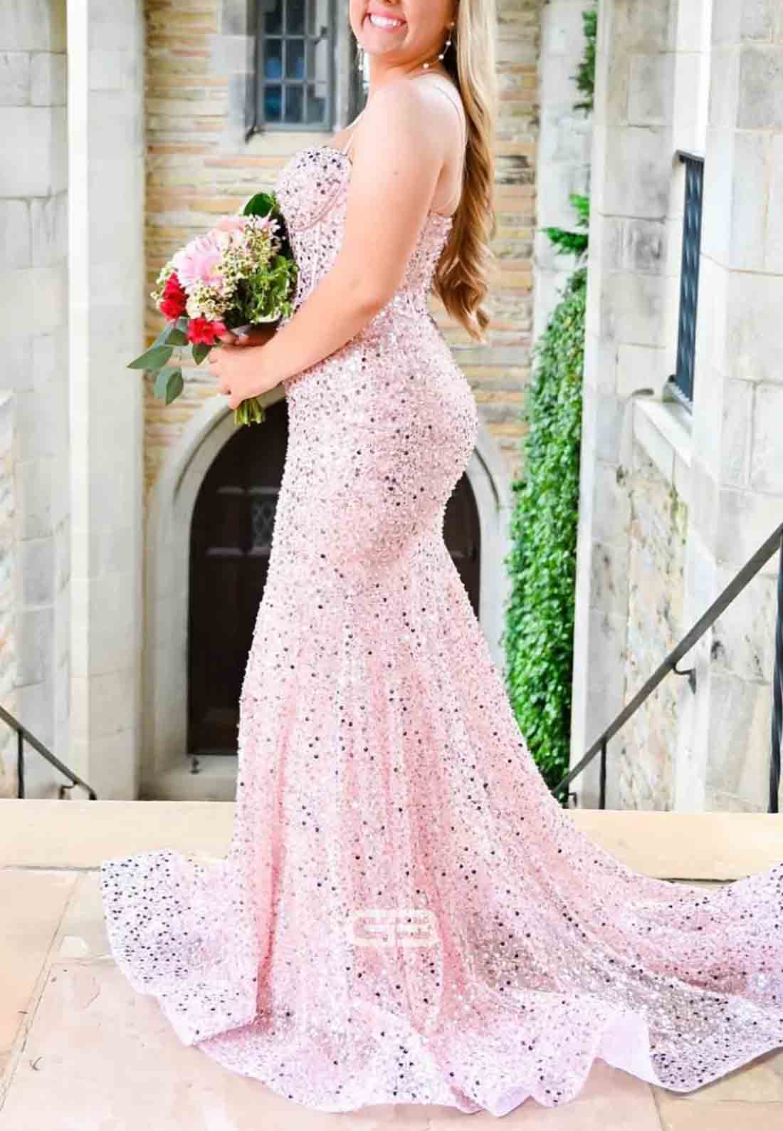 Spaghetti Straps Light Blue Sequin Long Prom Dress with Beaded