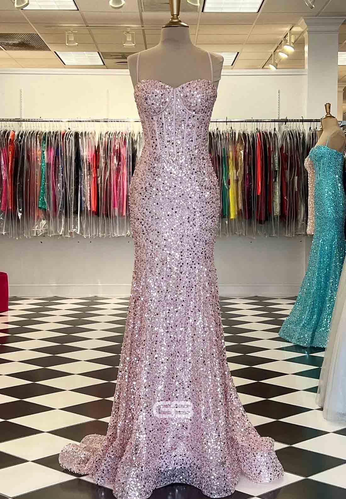 Spaghetti Straps Light Blue Sequin Long Prom Dress with Beaded