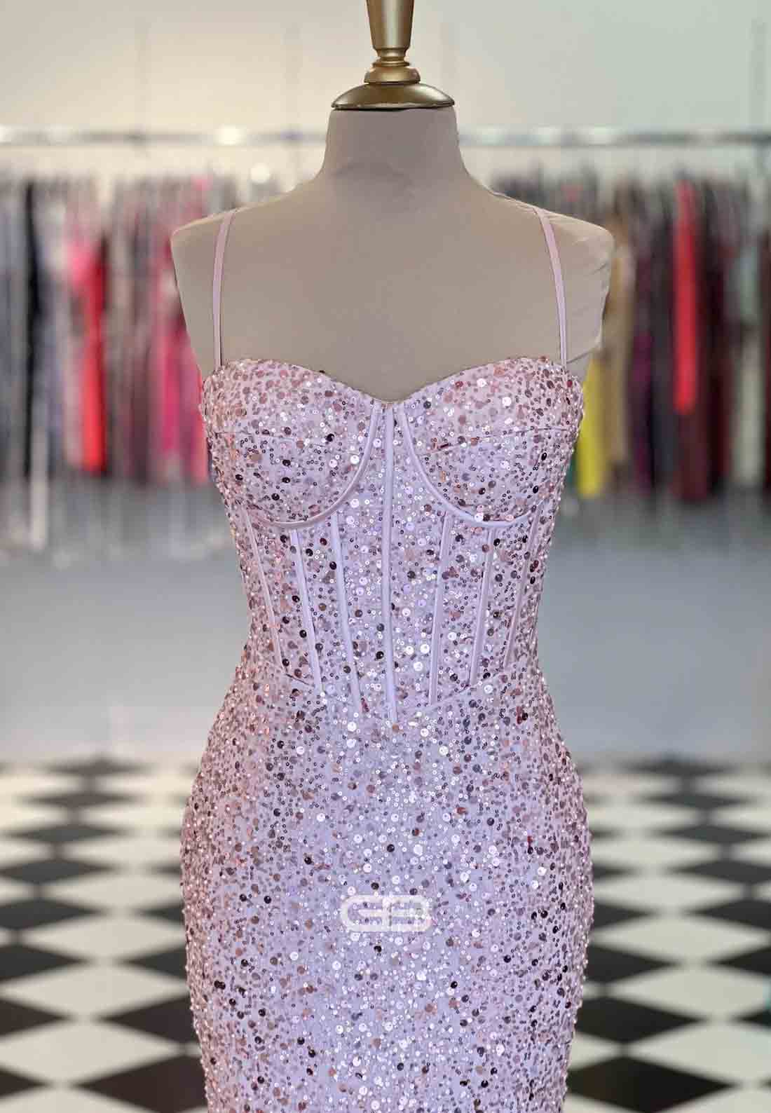 Spaghetti Straps Light Blue Sequin Long Prom Dress with Beaded