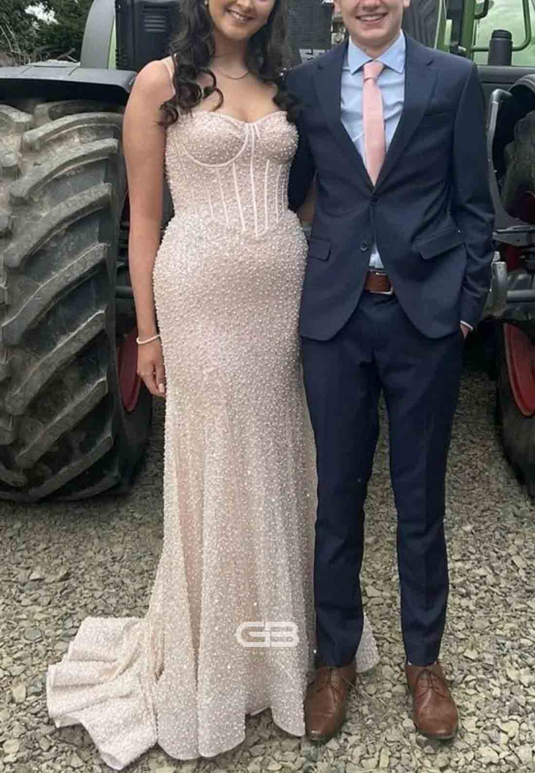 Spaghetti Straps Light Blue Sequin Long Prom Dress with Beaded