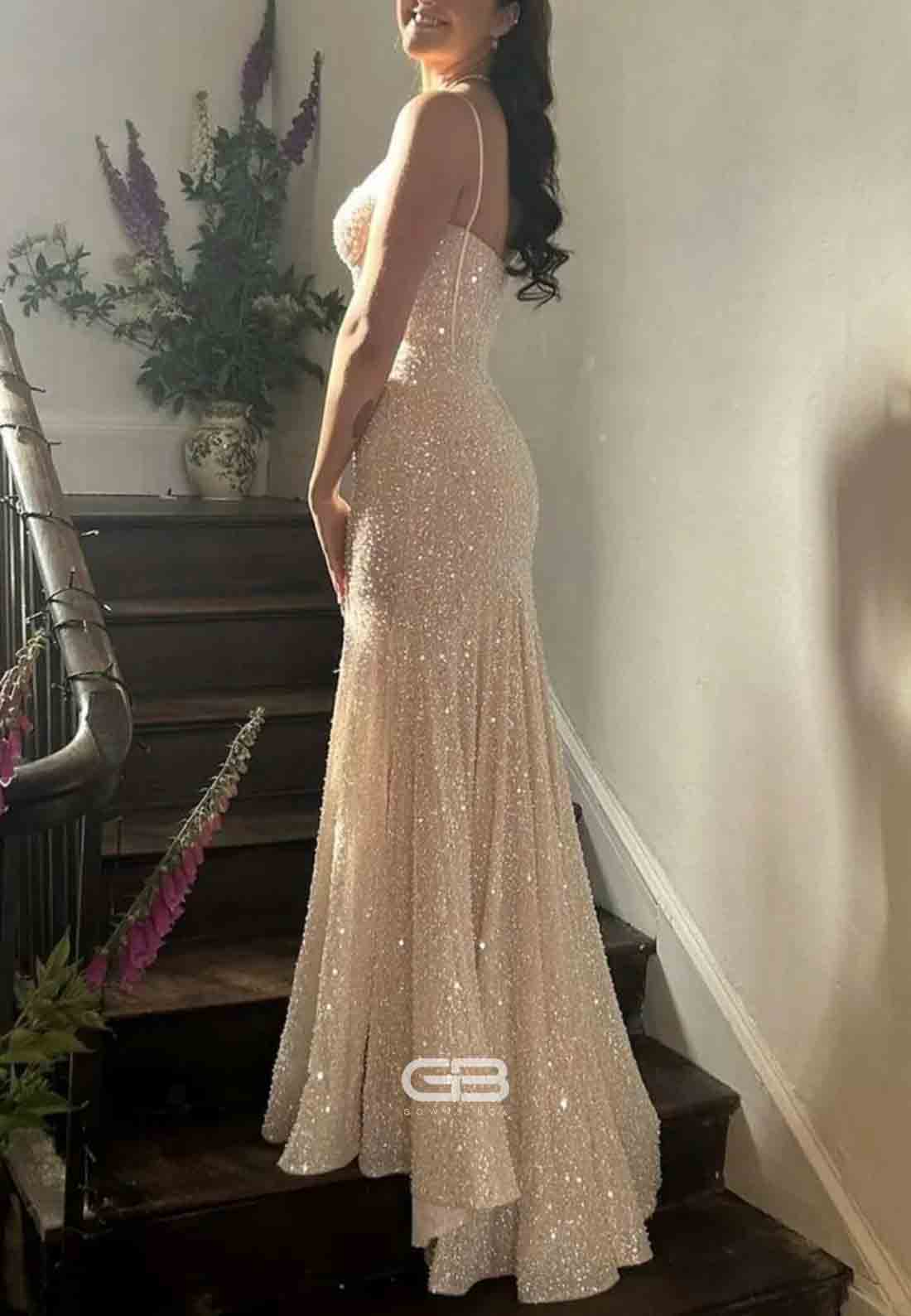 Spaghetti Straps Light Blue Sequin Long Prom Dress with Beaded