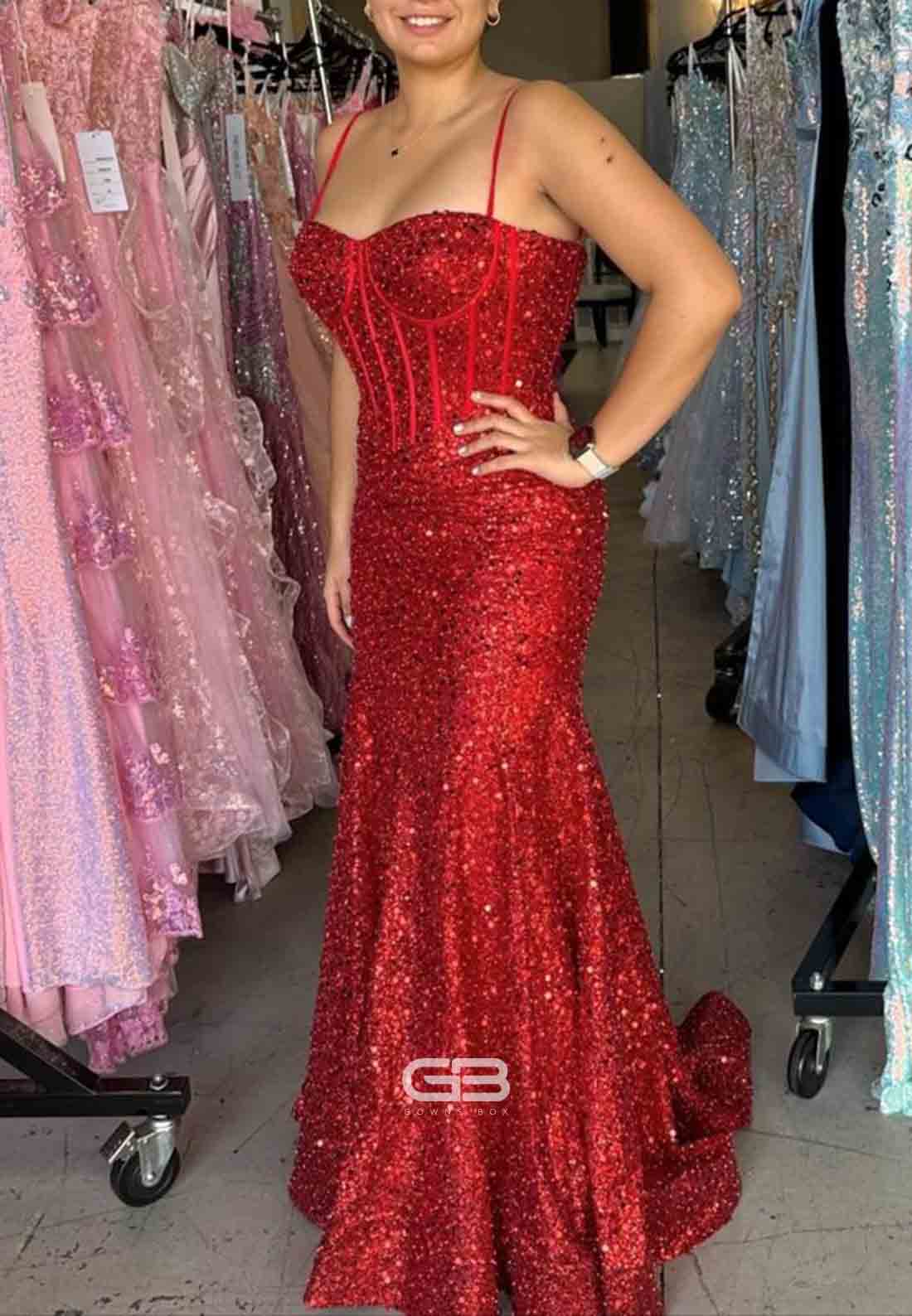 Spaghetti Straps Light Blue Sequin Long Prom Dress with Beaded