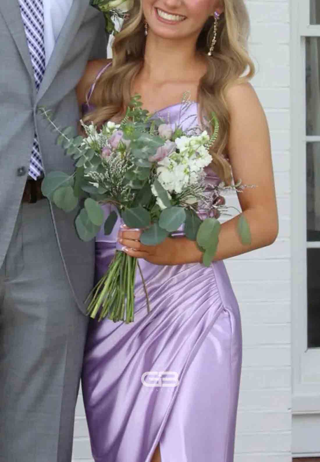 Lilac Spaghetti Straps Ruched Mermaid Long Prom Dress with Slit