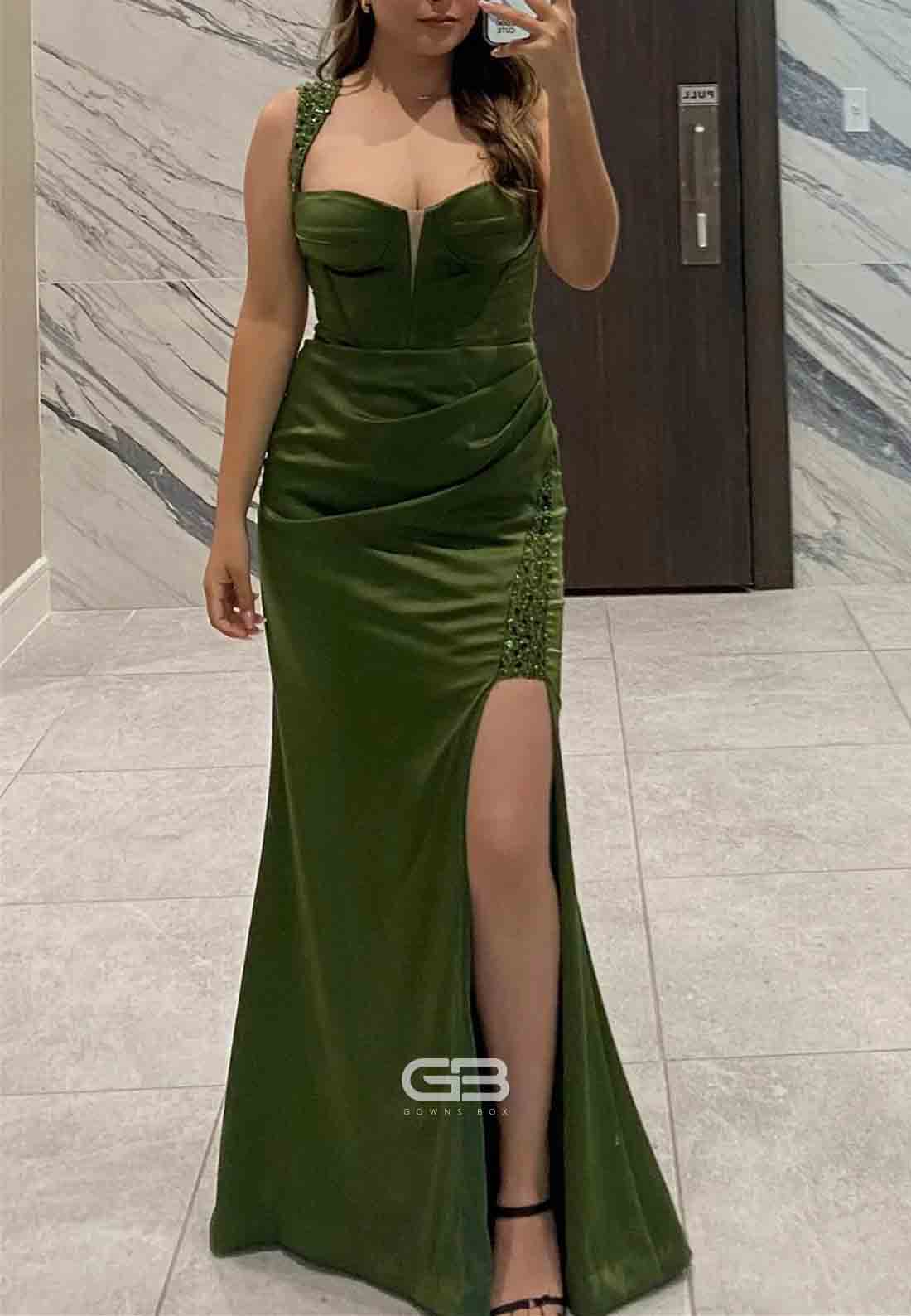 Straps Olive Sequin Mermaid Long Dress with Slit