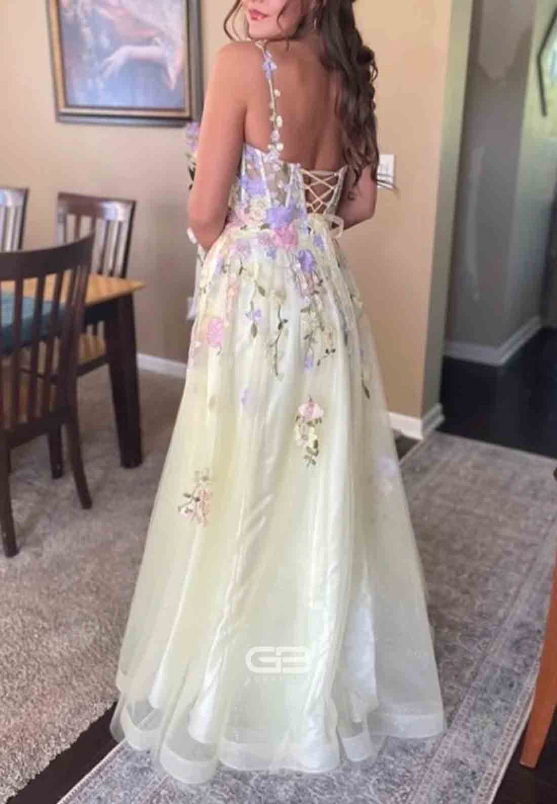 Straps Shoulder Flower Yellow Appliques A-line Long Dress with Slit