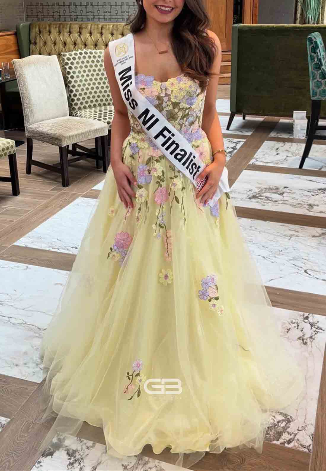 Straps Shoulder Flower Yellow Appliques A-line Long Dress with Slit