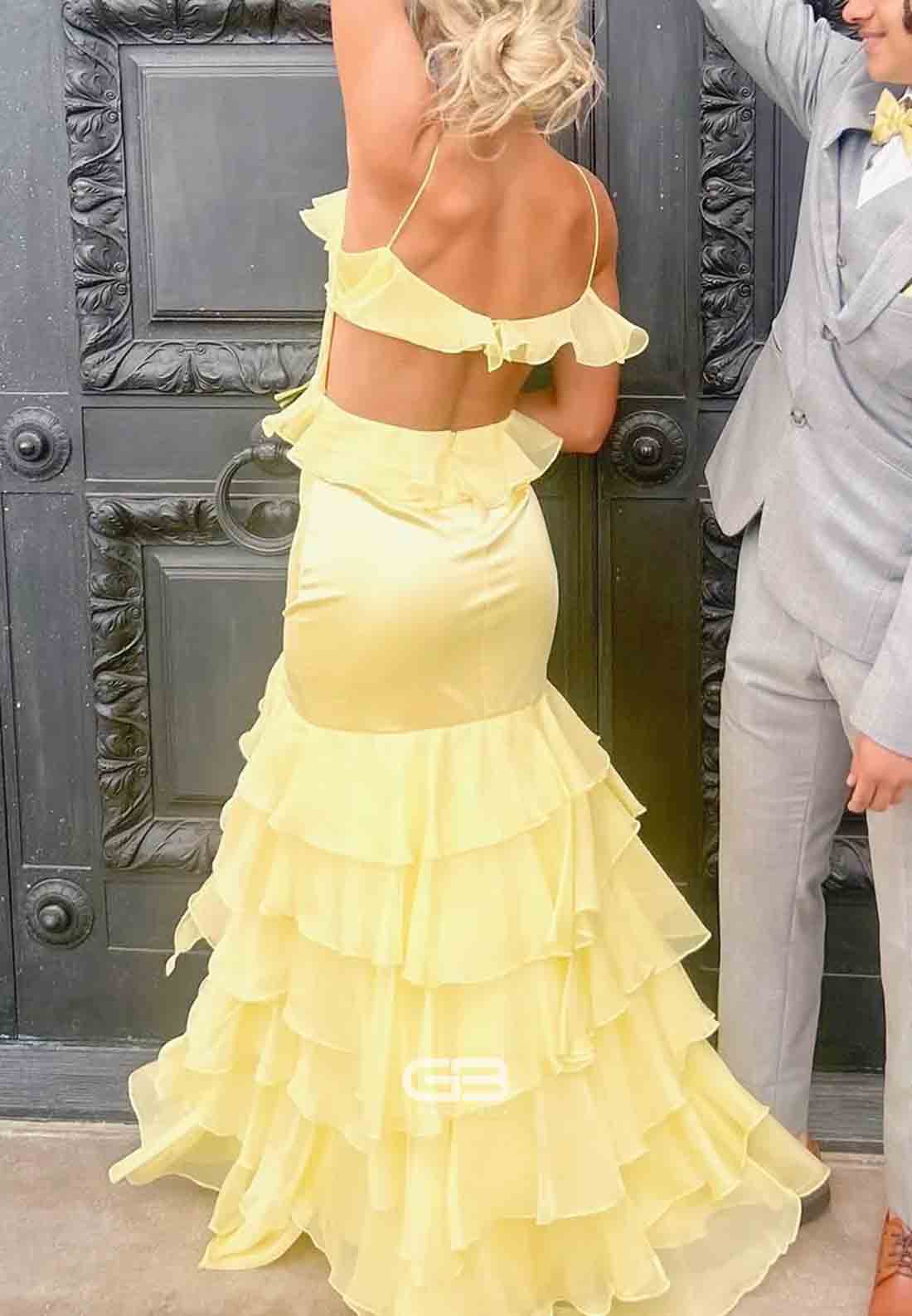 Strapless Yellow Ruffled Long Prom Dress with Rosette 