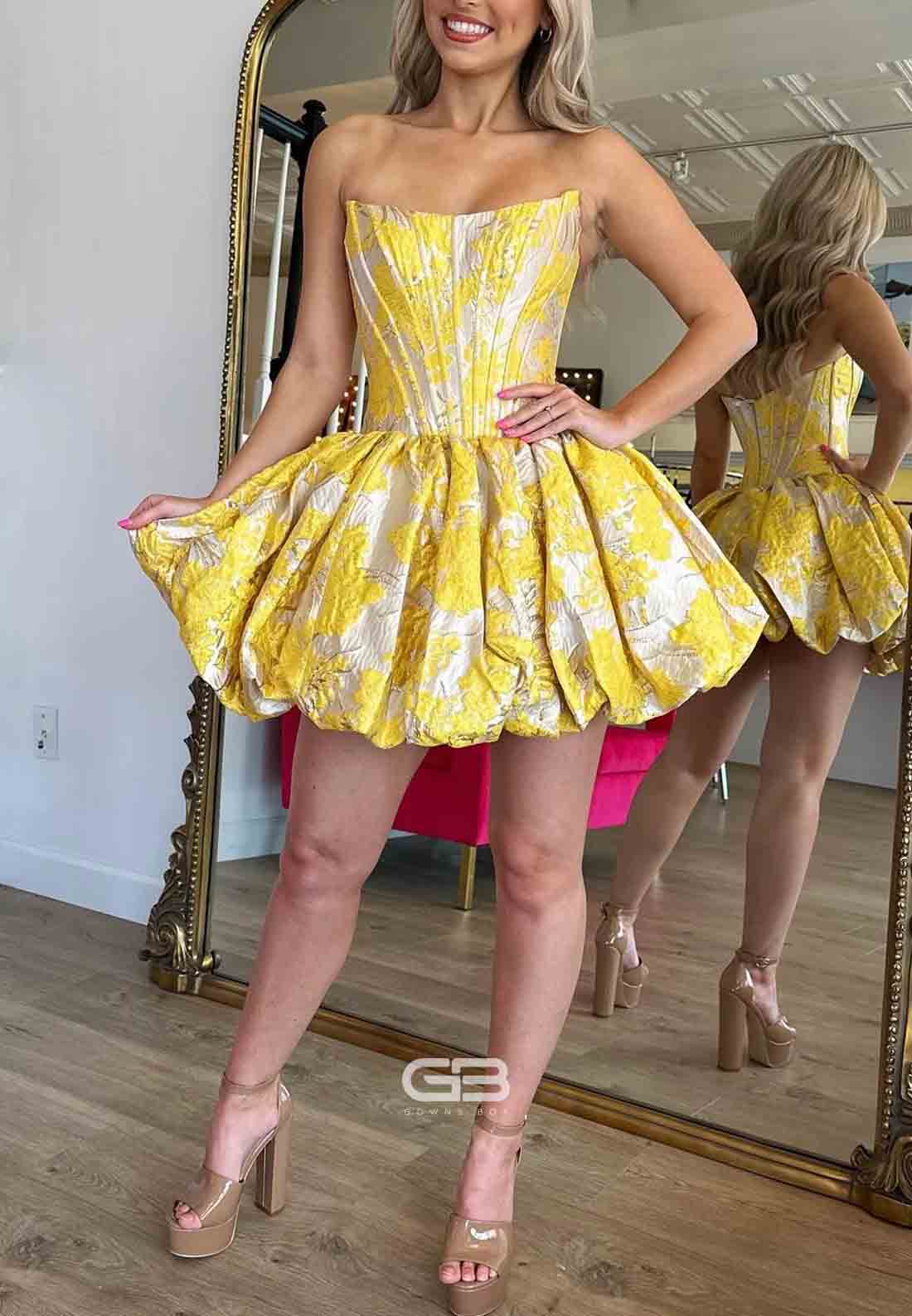 Stunning Ball Gown Floral Print Strapless Yellow Corset Homecoming Dress