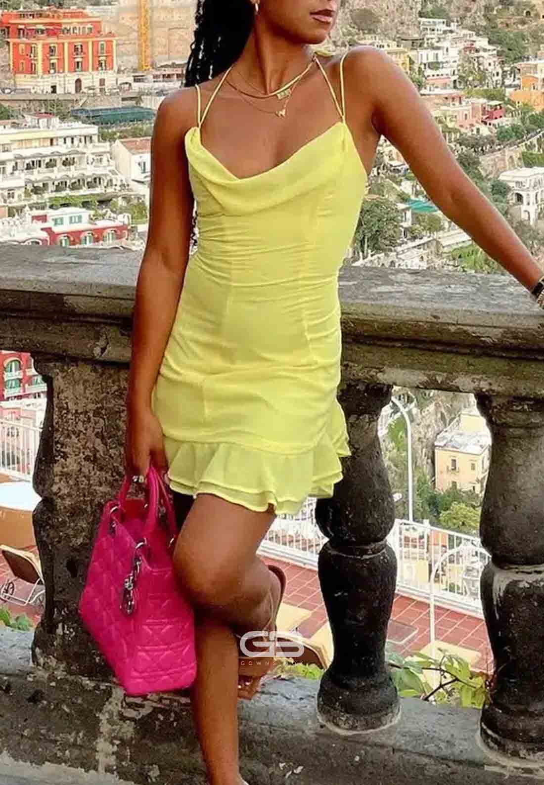 Stunning Sheath Spaghetti Straps Yellow Short Homecoming Dress with Ruffles