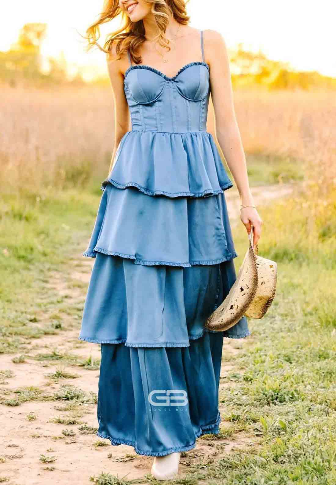 Sweetheart Blue Ruffle Tiered Tie Back Spaghetti Straps A-line Long Prom Dress 