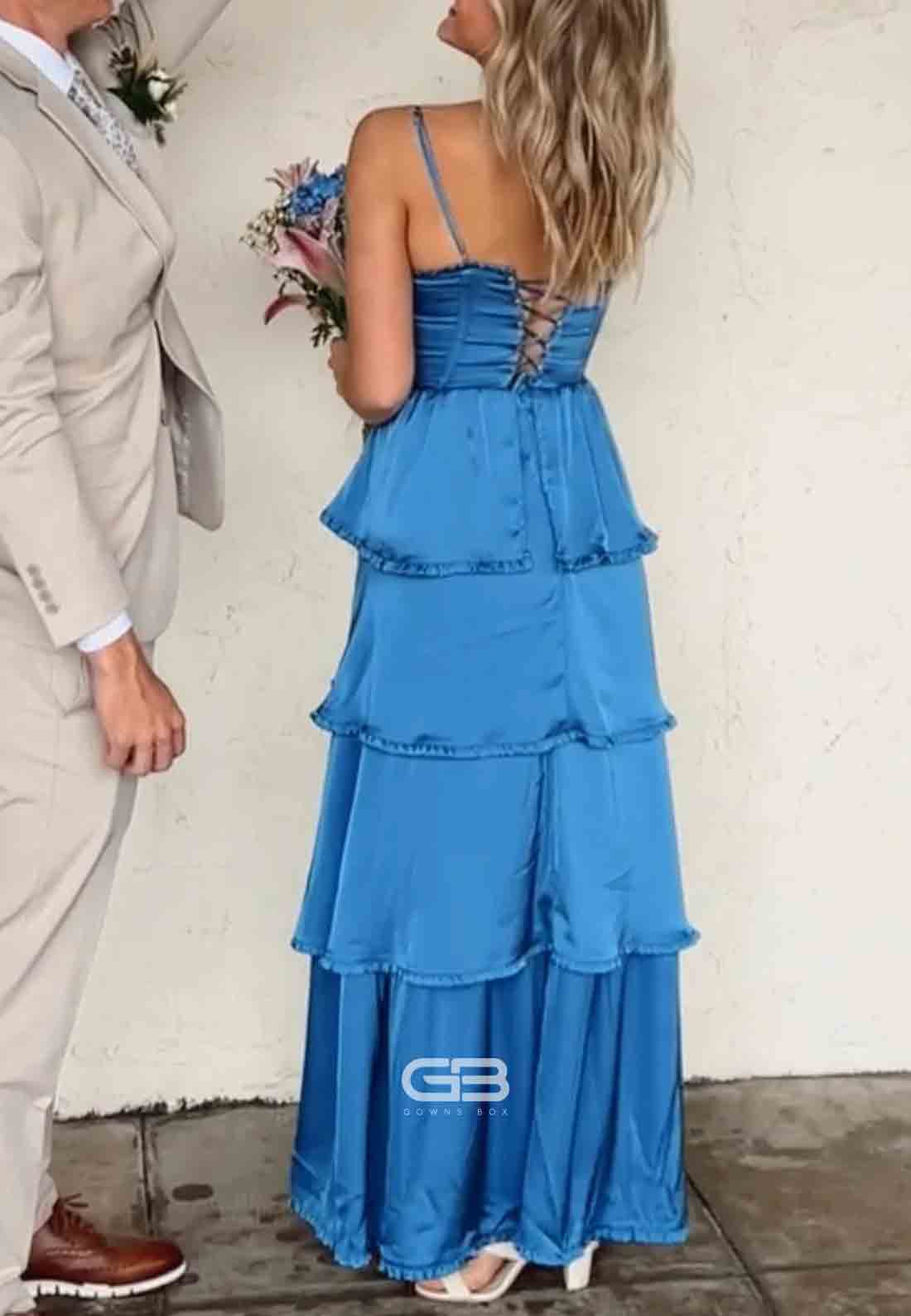 Sweetheart Blue Ruffle Tiered Tie Back Spaghetti Straps A-line Long Prom Dress 