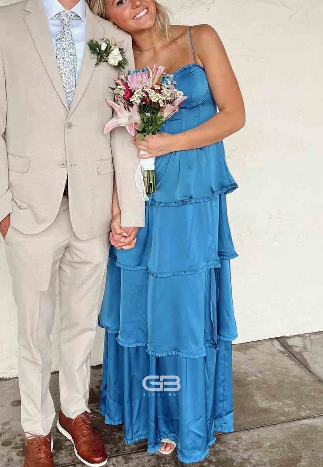 Sweetheart Blue Ruffle Tiered Tie Back Spaghetti Straps A-line Long Prom Dress 