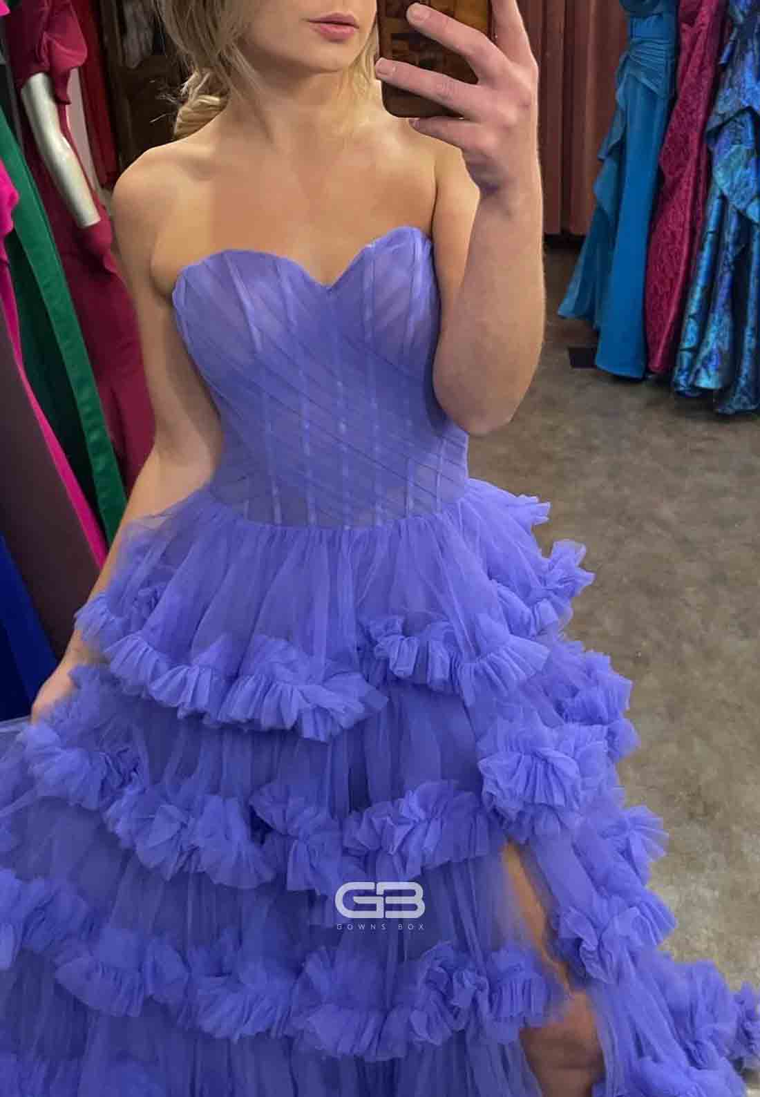 Sweetheart Periwinkle Floor-Length Ruffle Tiered Side Slit Long Prom Dress